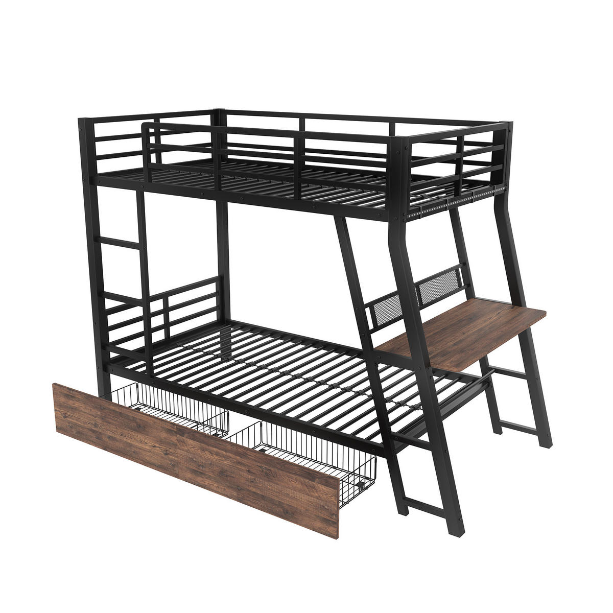 HOCHBETT 90/200 cm in Schwarz mit Schreibtisch, 2 Schubladen und LED - Schwarz, Holzwerkstoff/Metall (90/200cm) - STILVORA
