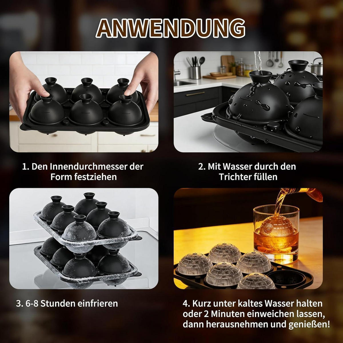 EISWÜRFELFORM Kugel Silikon mit Deckel, schwarz - Schwarz, Kunststoff (15.7/7.2/22.6cm)