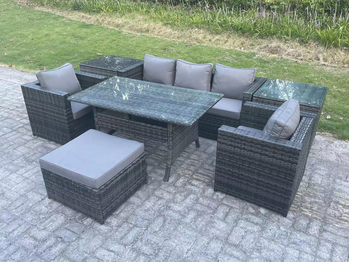 LOUNGEGARNITUR mit Stuhl Polyrattan Dunkelgrau 6-Sitzer - Dunkelgrau/Grau, Glas/Kunststoff - Fimous