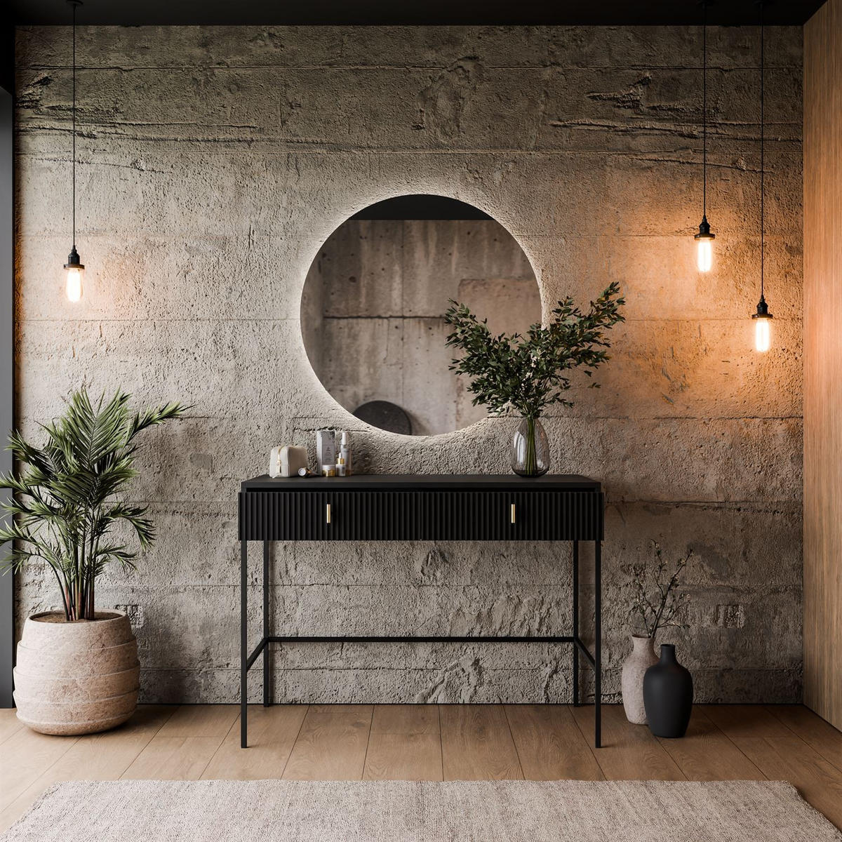 FRISIERTISCH MIDNIGHT auf Gestell mit Spiegel und LED-Beleuchtung schwarz - Schwarz, Holzwerkstoff (104/77/50cm) - Lookway