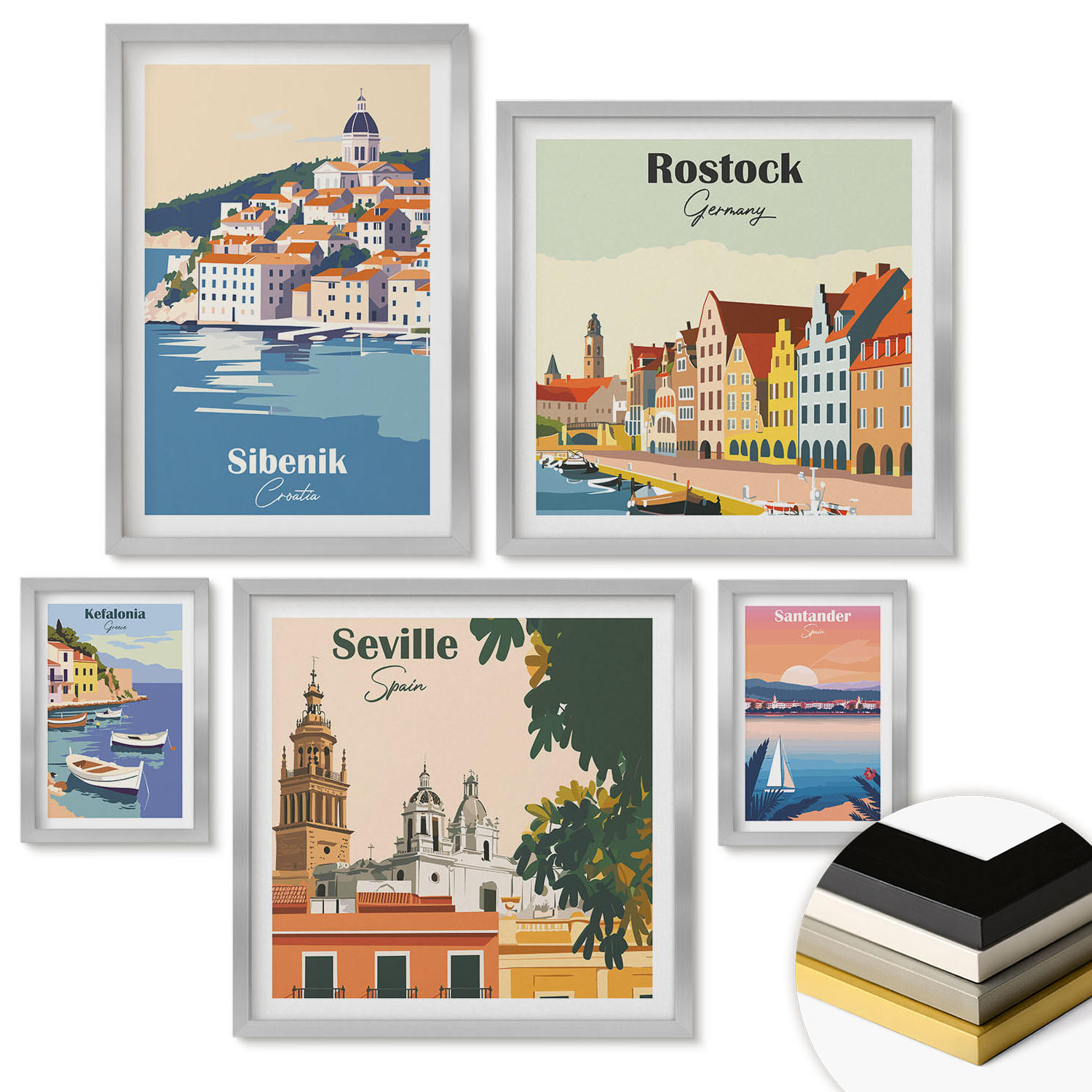 WANDBILDER 5er Set - 50x50 cm & 20x30 cm & 40x60 cm Silberner Rahmen - Berglandschaften und Städte - Silberfarben, Kunststoff (40/60cm) - ArtPrintCave