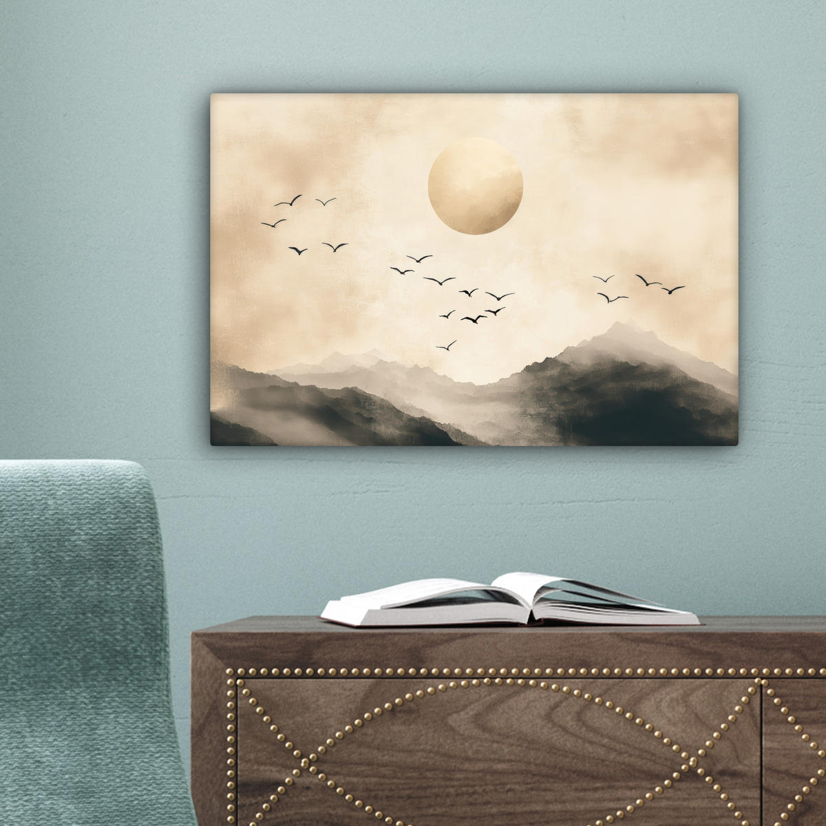 LEINWANDBILD Landschaft - Japandi - Vogel 30x20 cm - Beige, Textil (30/20cm) - MuchoWow