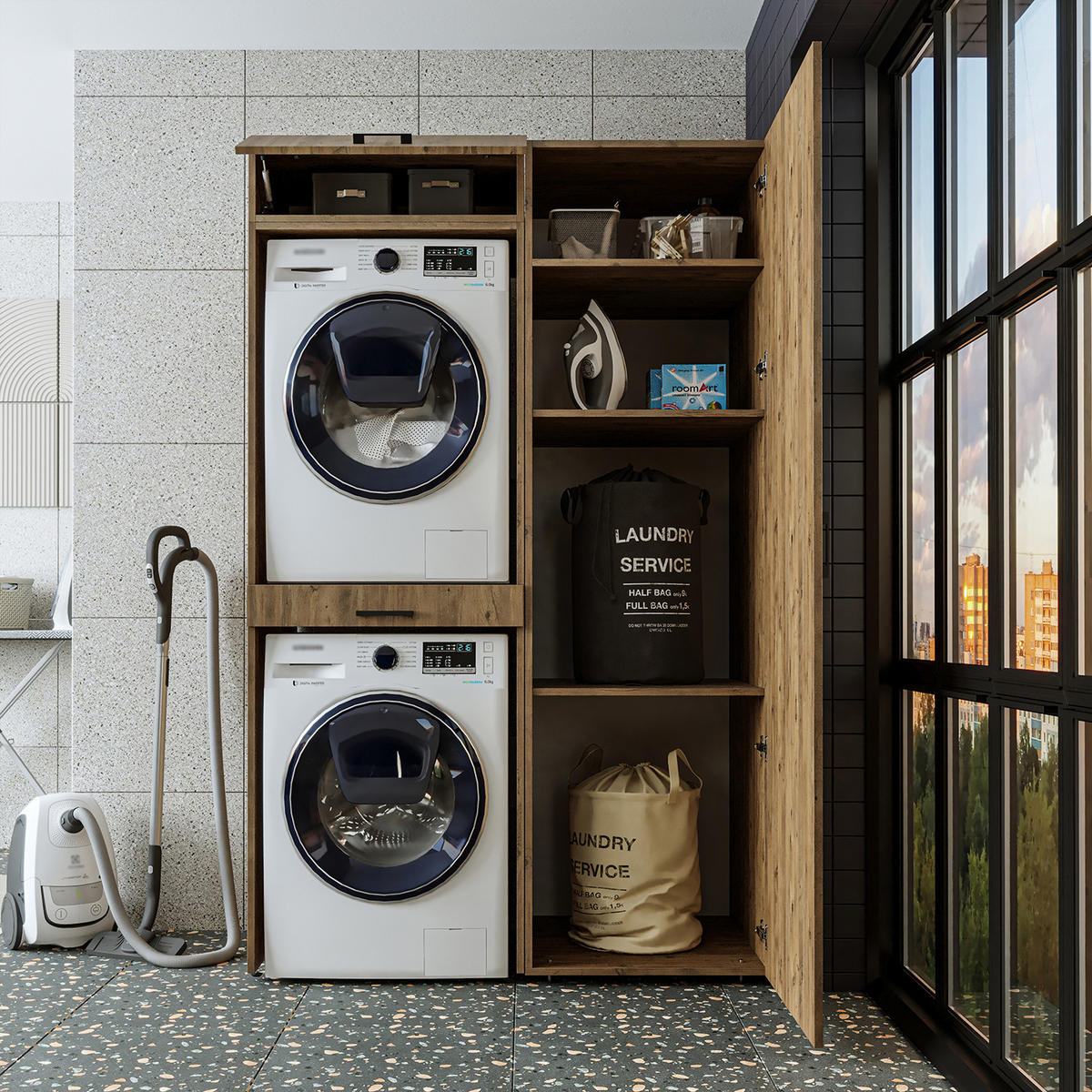 WASCHMASCHINENSCHRANK DUO-I 127cm Breit, 205cm Hoch - Eichefarben, Holzwerkstoff (127/205/67cm)
