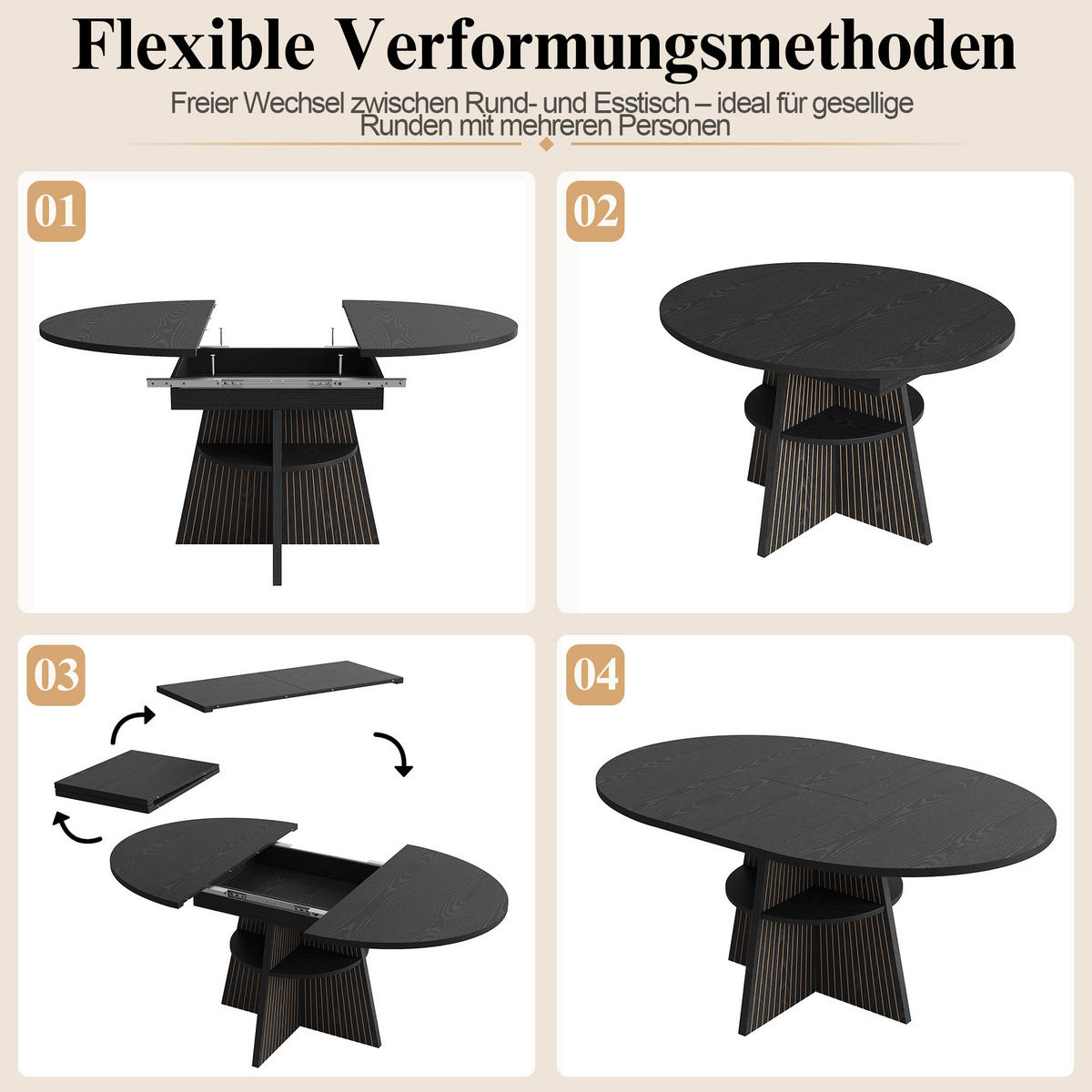 ESSTISCH Ausziehbar Ablagefach MDF Schwarz - Schwarz, Holzwerkstoff (110/110/76cm) - FLIEKS