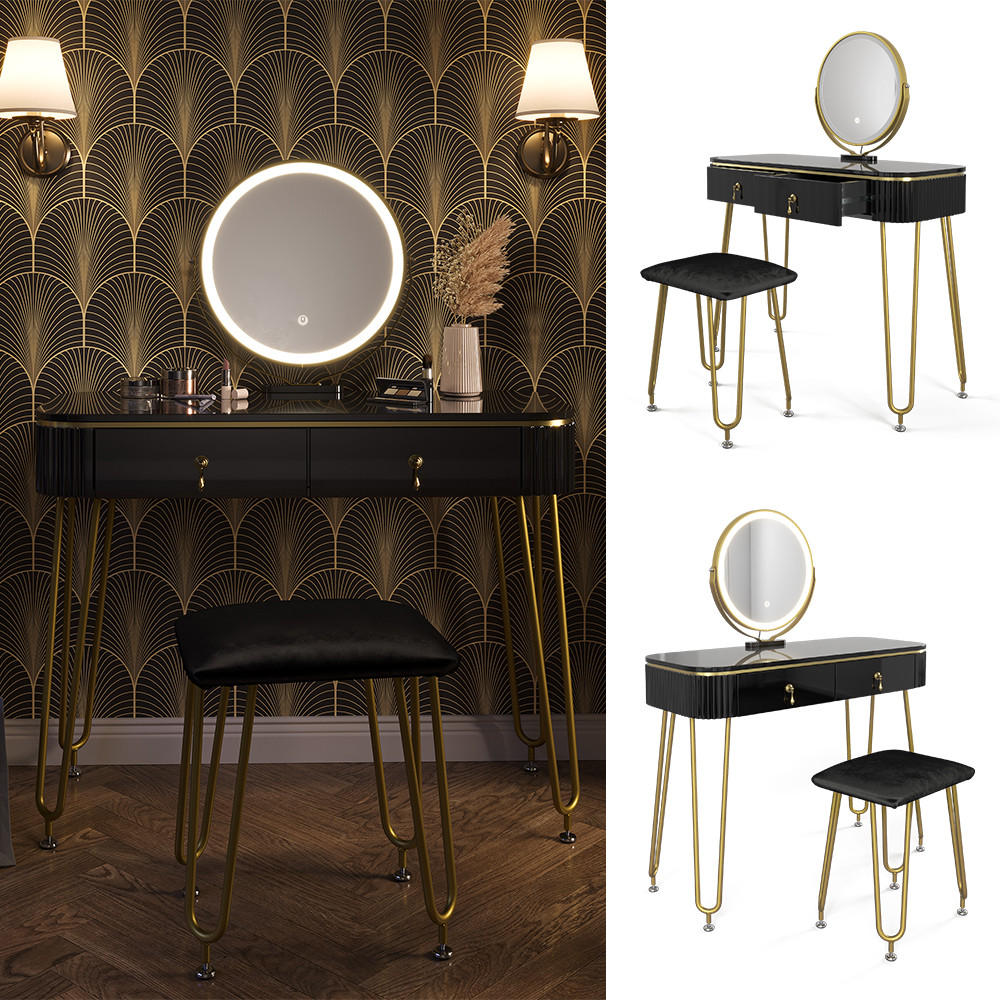 SCHMINKTISCH Grace Schwarz 100 cm mit LED Beleuchtung und Hocker - Schwarz, Holzwerkstoff (100/126/40cm) - Vicco