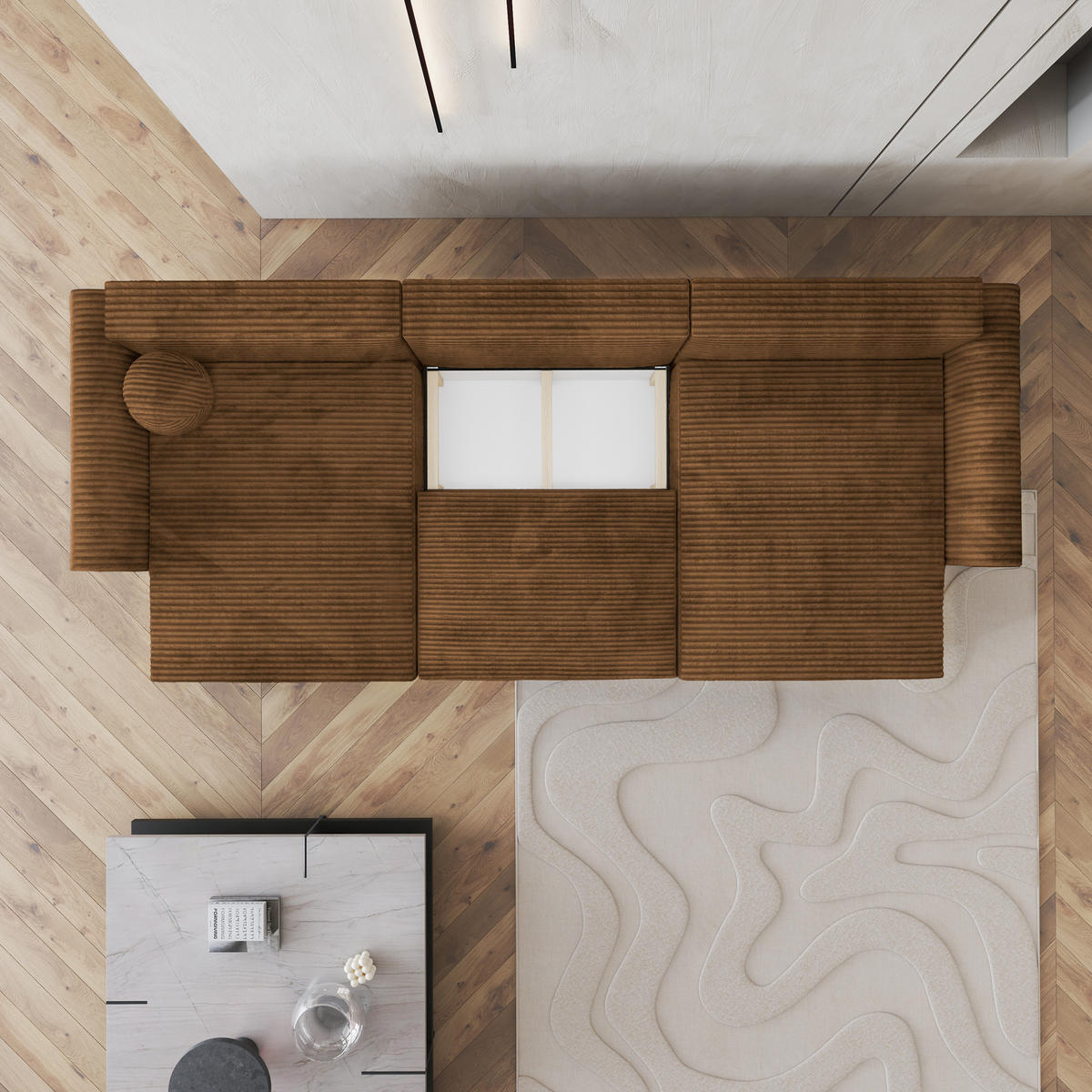 WOHNLANDSCHAFT FENTO Kupferfarben Kordstoff mit Schlaffunktion - Kupferfarben, Holz (347/90/148cm) - MASSENO