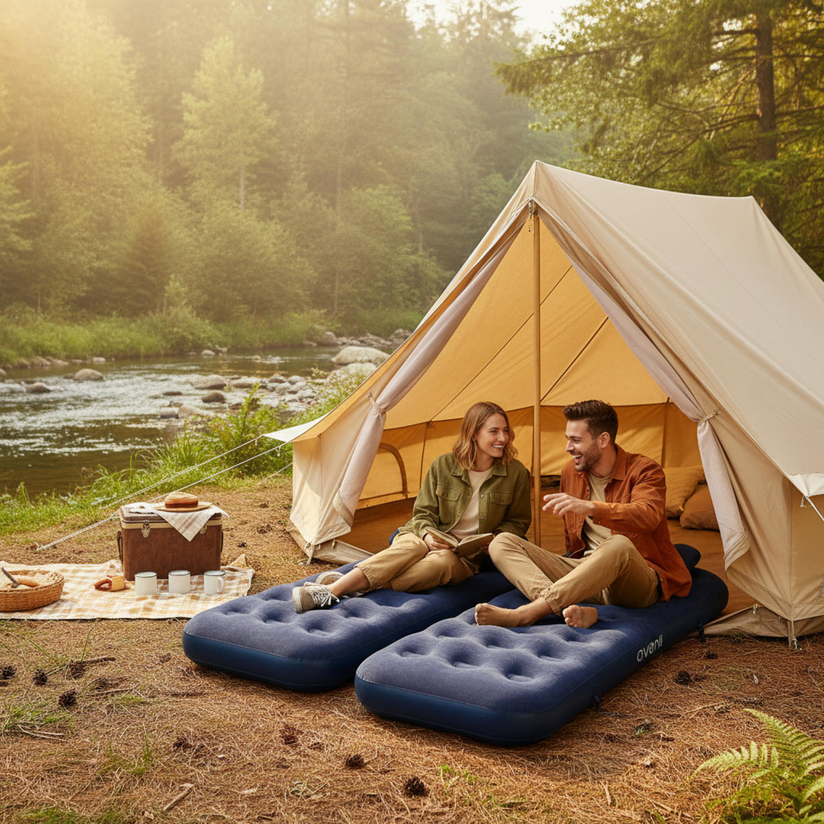 LUFTBETT Luftmatratze Camping 2x 191x73x22cm blau 2 Kissen aufblasbar ohne Pumpe - Blau, Kunststoff (73/191cm) - Avenli