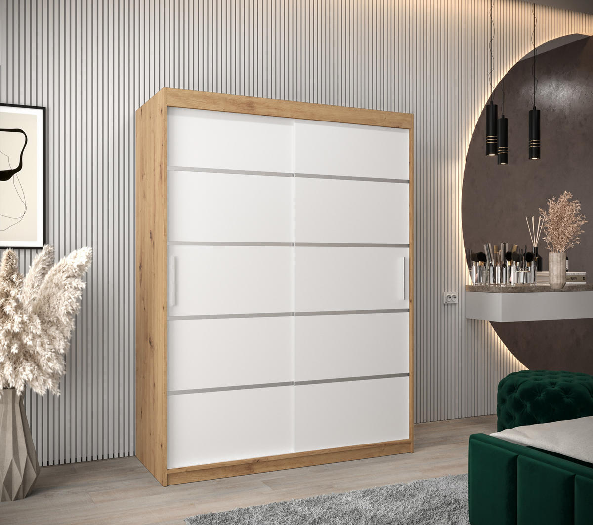 SCHWEBETÜRENSCHRANK 200/150/62 2-türig - Silberfarben/Weiß, Holz/Kunststoff (150/200/62cm) - MÖBEL KRYSPOL
