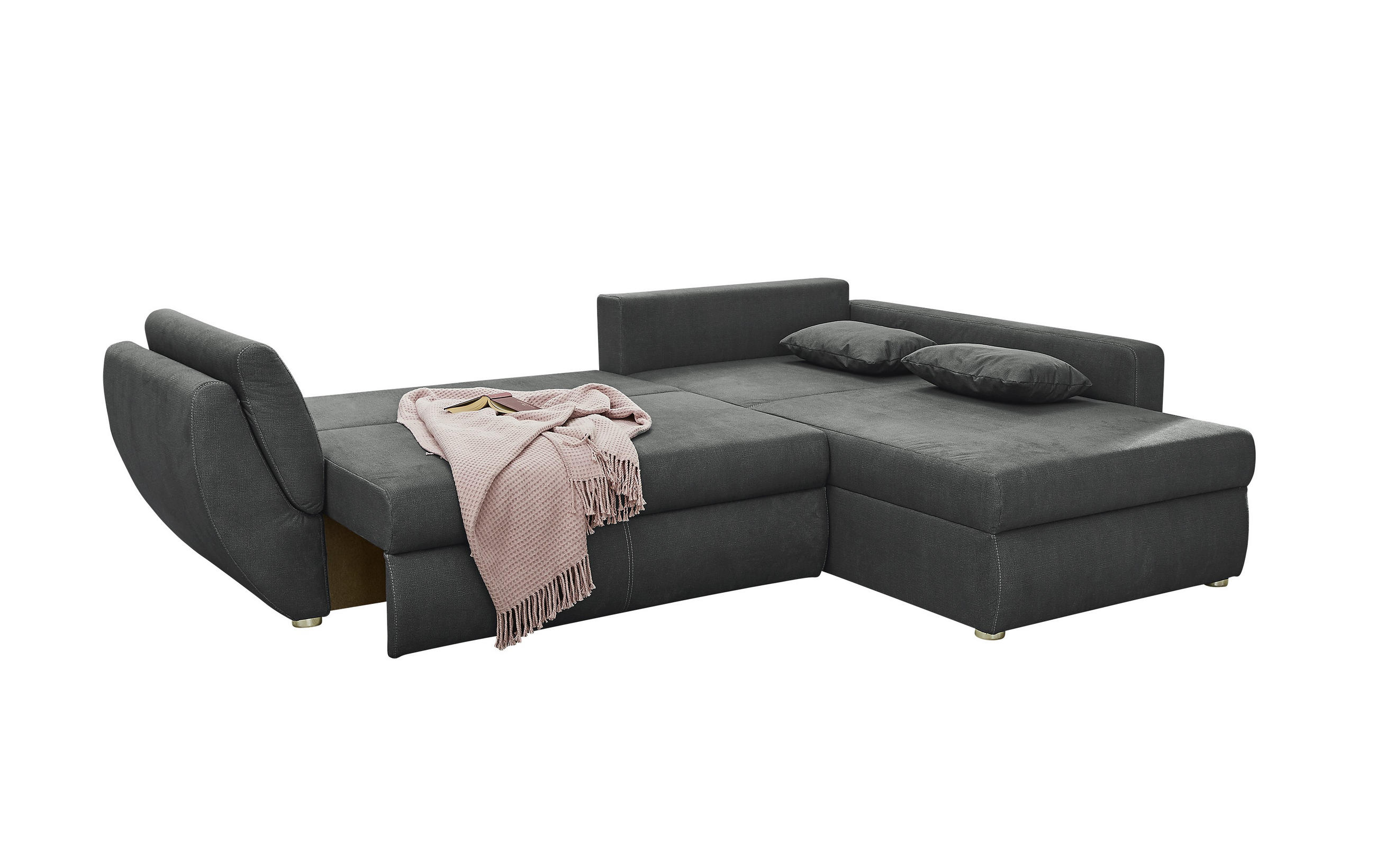 ECKSOFA mit Schlaffunktion und Bettkasten, seitenverkehrt montierbar B272/T200/H88 cm, Liegefläche 128x224 cm, Mikrofaser Dunkelgrau / 15228 - Chromfarben/Dunkelgrau, Kunststoff/Textil (272/200cm) - luma-home