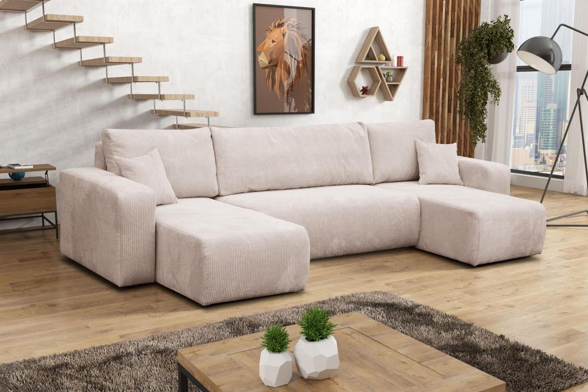 WOHNLANDSCHAFT LUNA U-FORM mit Schlaffunktion und Bettkasten (Beige) - Beige, Textil (312/83/142cm) - VENASI MÖBEL