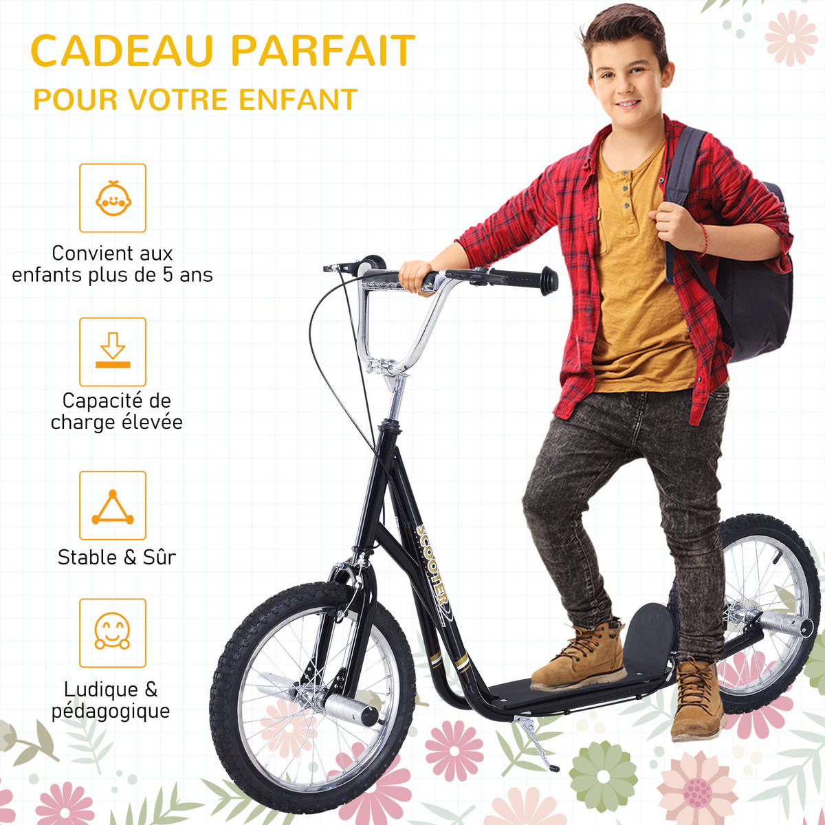 KINDERSCOOTER DE-16933 Große Luftreifen Ø 41 cm mit Pegs Schwarz - Schwarz, Metall (143/58/100cm) - ComfortXL