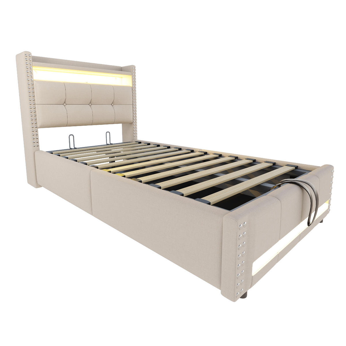 POLSTERBETT aus Leinenstoff 90x200 cm in Beige mit LED, USB & Stauraum - Beige, Textil (90/200cm) - Modfu