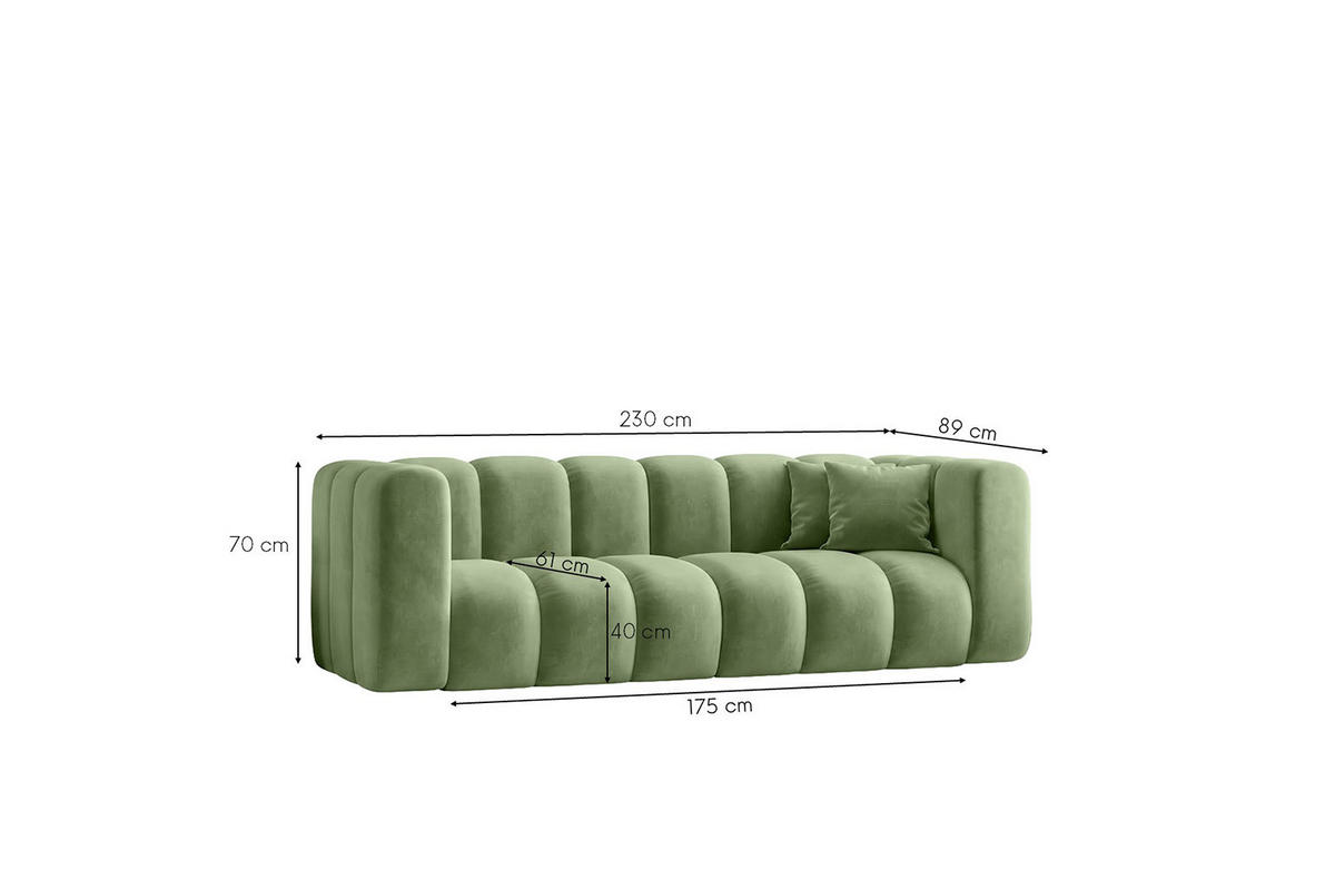 SOFA 3-Sitzer Modulares, Velvet-Stoff Riviera, Olive, GRAND - Olivgrün, Holz (230/70/89cm) - Kaiser Möbel