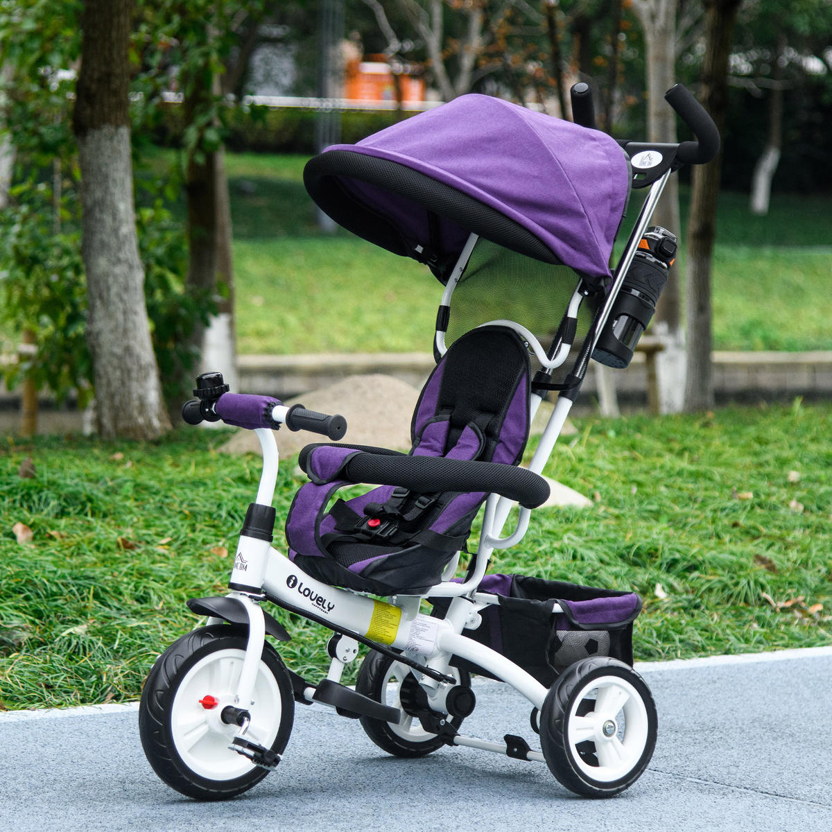 6-IN-1 Dreirad mit Schubstange, Kinderdreirad mit abnehmbarem Sonnendach Violett - Violett, Metall (95/50/106cm) - HOMCOM
