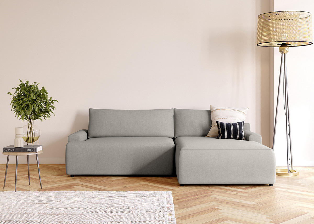 ECKSOFA mit Schlaffunktion - Longchair - Hellgrau/Schwarz, Kunststoff/Textil (253/167cm) - home24