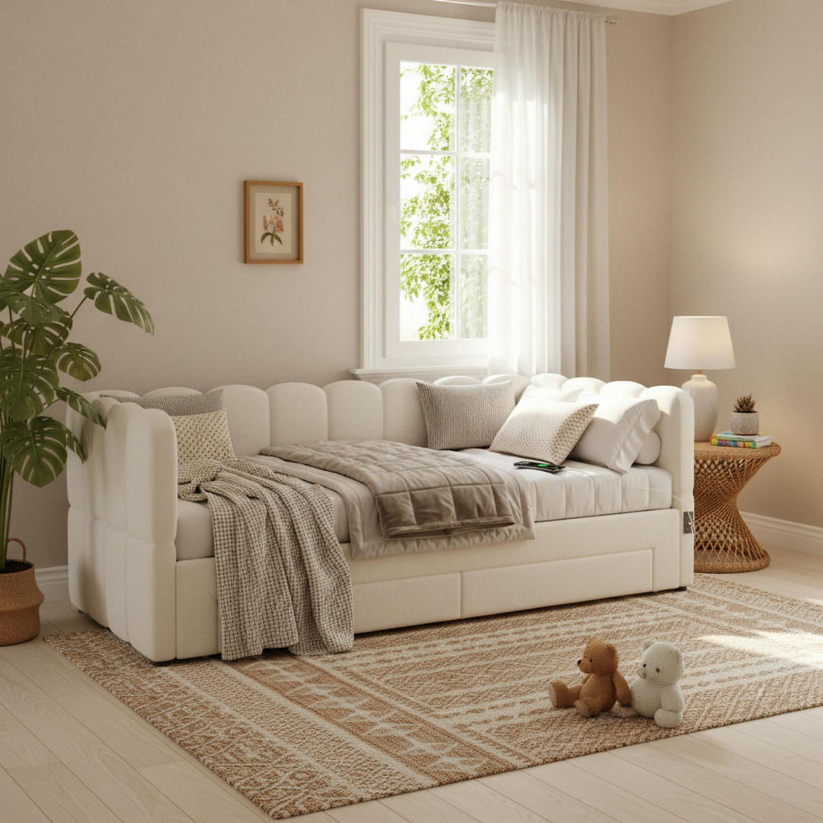 POLSTERBETT 90/190 cm beige aus Leinen mit Ausziehfunktion und USB-Anschluss - Weiß, Textil (90/190cm) - OKWISH