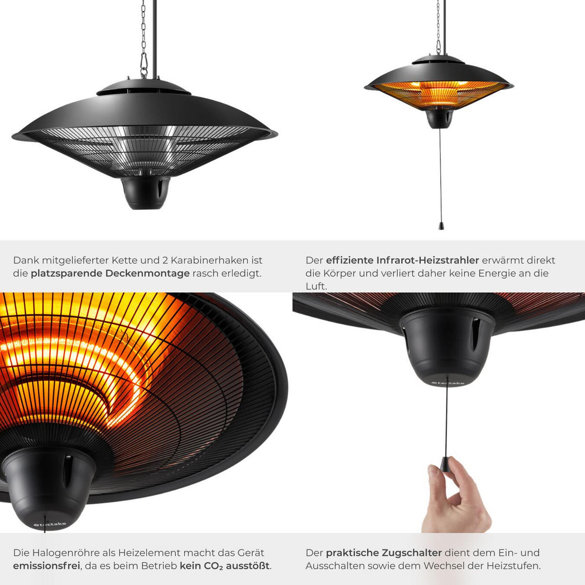 INFRAROTHEIZSTRAHLER Solaris Orbit,einfache Montage, 58 x 58 x 32 cm,schwarz - Schwarz, Metall (58/32/58cm) - tectake