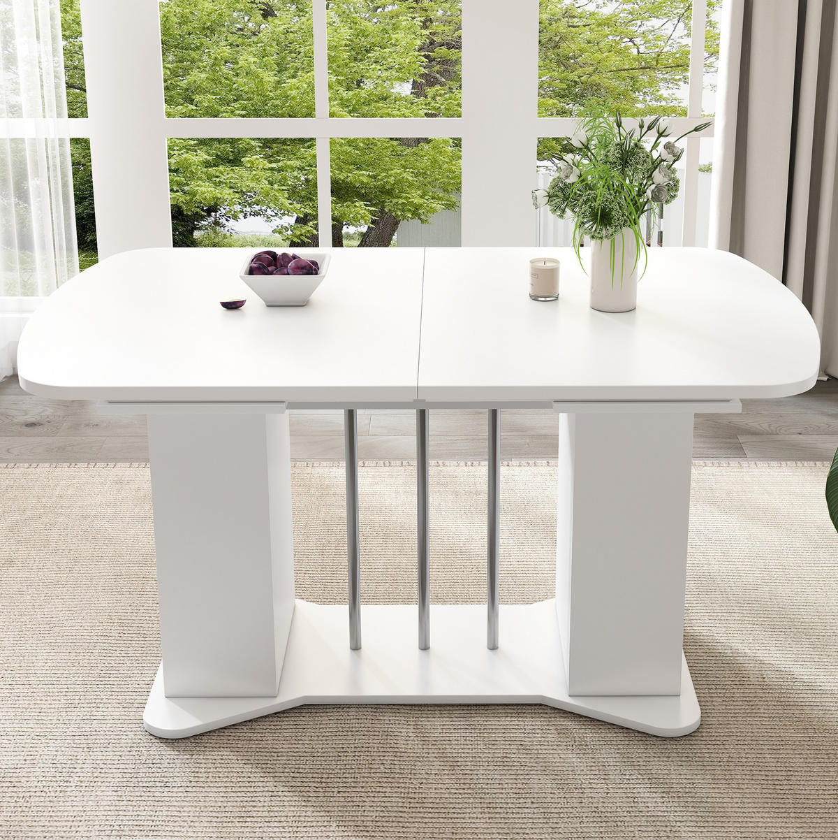 ESSTISCH aus MDF 160x80x75 cm Weiß mit ausziehbarer Tischplatte, Stauraum und versilberten Metallbeinen - Weiß, Holzwerkstoff (160/80/75cm) - Modfu