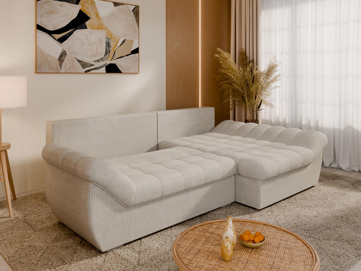 ECKSOFA ZAYA mit Schlaffunktion L-Form, Sofa mit Bettkasten, Wohnzimmersofa, Couch, Soffa, Bettsofa, RECHTS- Creme - Creme, Holz (279/175cm) - Homesy