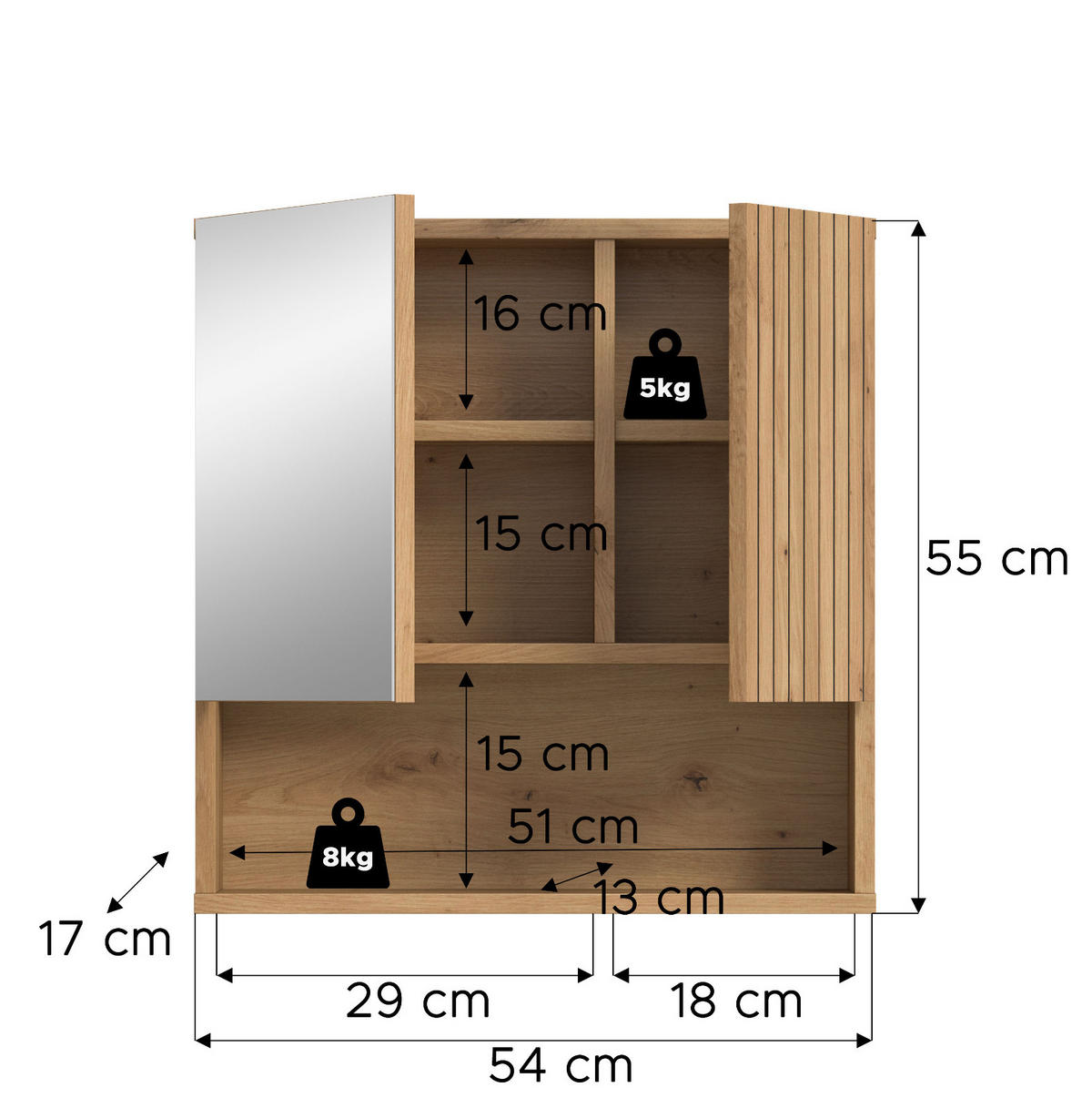 SPIEGELSCHRANK Eiche Artisan, 54 x 55 cm, Badezimmer Schrank mit Spiegel - Eiche Artisan, Glas/Holzwerkstoff (60/55/17cm) - Inn.Furn
