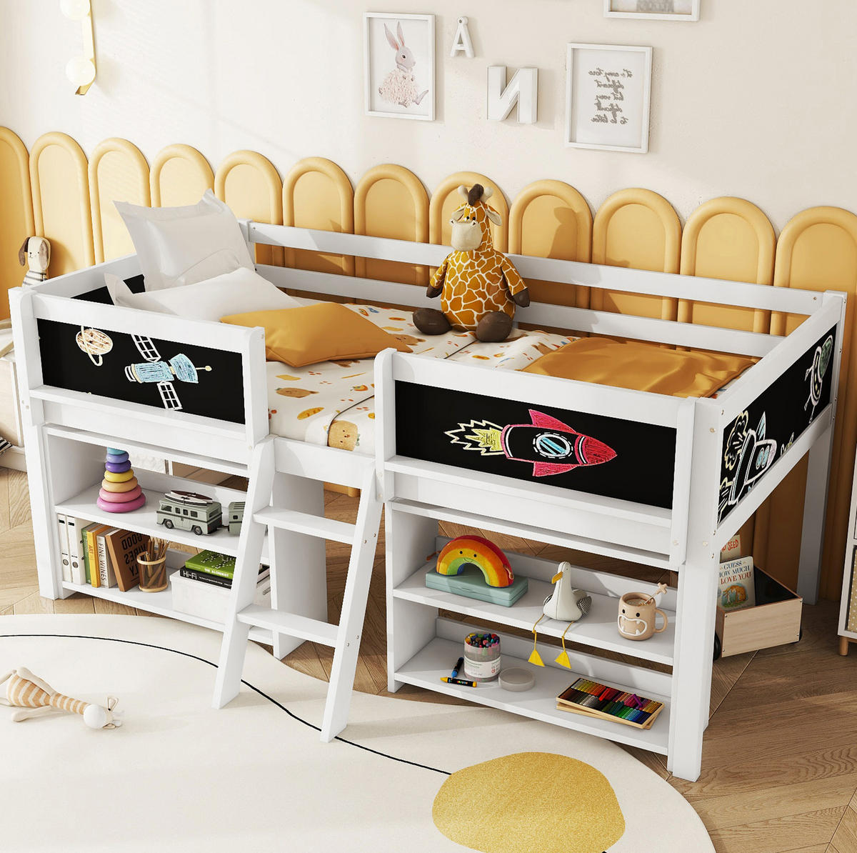 HALBHOHES BETT 90/200 cm, Weiß mit Stauraum, Leiter, ohne Matratze - Weiß, Holz (90/200cm) - MIVRAY