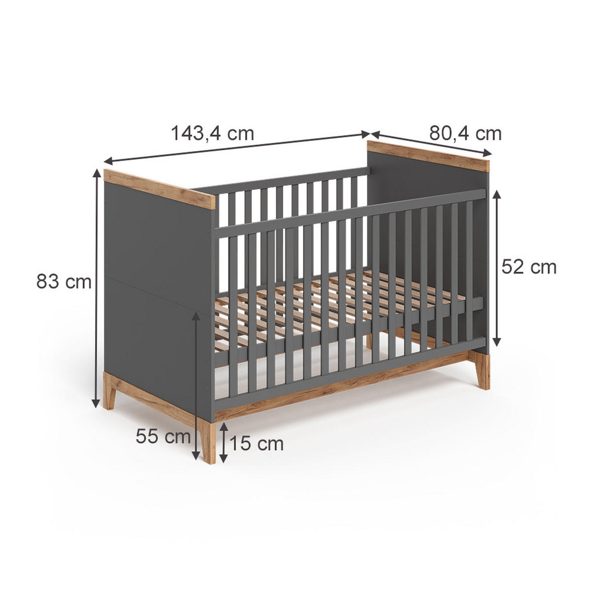 BABYBETT Malia Grau/Artisan 70x140 cm - Hellgrau/Grau, Holzwerkstoff - VitaliSpa