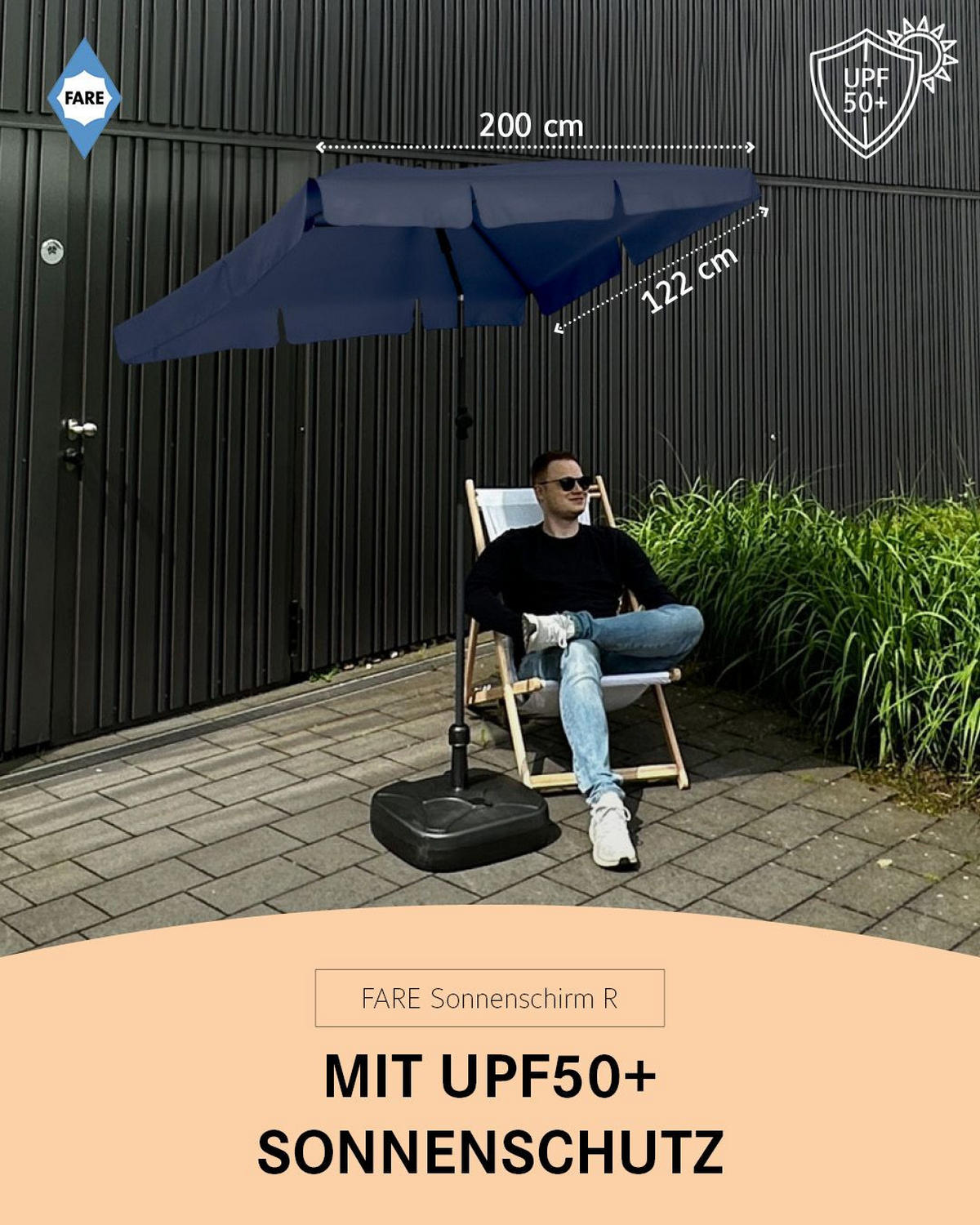 SONNENSCHIRM 122/200/126 cm - Dunkelblau, Kunststoff (200/122cm) - FARE