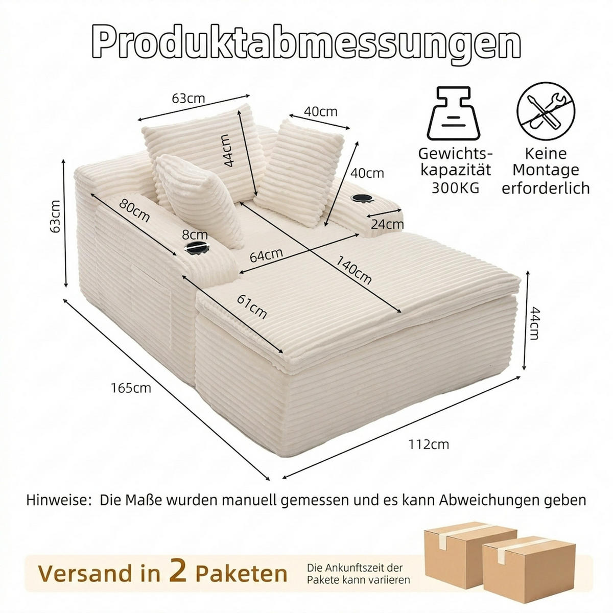 SCHLAFSOFA 165/112/63 cm Beige mit Chaiselongue, 3 Kissen und 1 Decke - Beige, Textil (112/63/165cm) - Oxeza