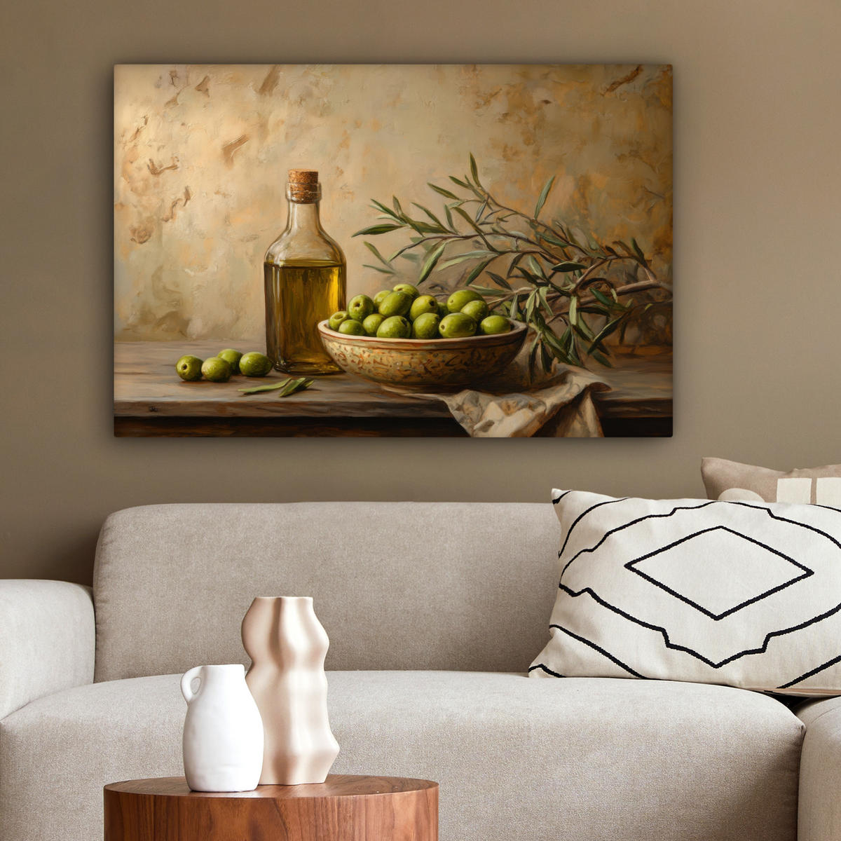 LEINWANDBILD Oliven - Stilleben - Vintage Gemälde 60x40 cm - Olivgrün, Textil (60/40cm) - MuchoWow