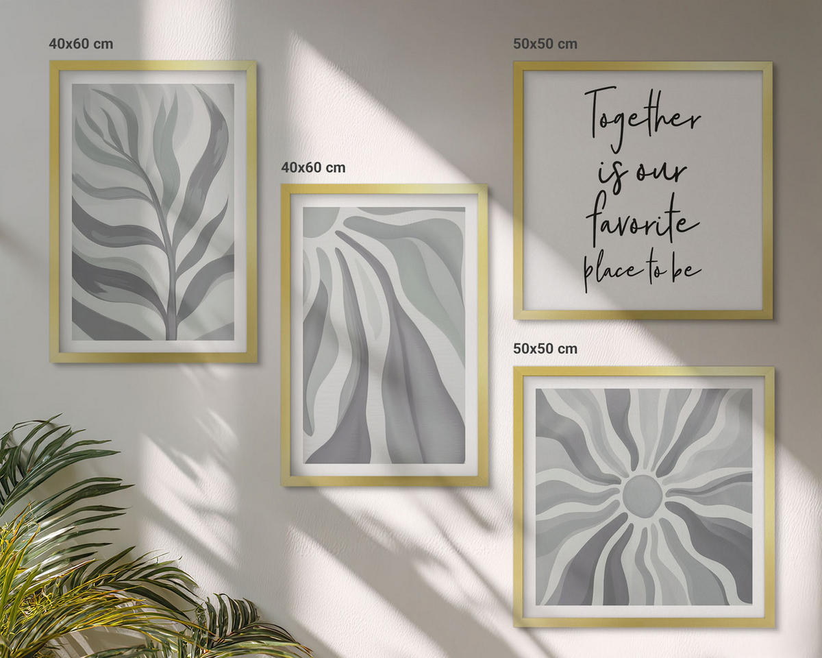WANDBILDER 4er Set - 50x50 cm & 40x60 cm Goldrahmen - Illustrationen mit floralen Pastellmustern - Goldfarben, Kunststoff (50/50cm) - ArtPrintCave