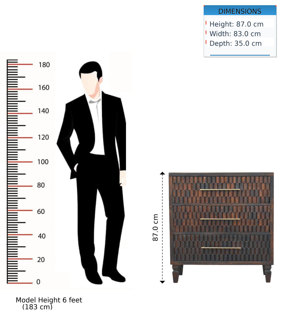 KOMMODE Rich-Velvet-Mocha-Finish, 3 Schubladen, Dunkelbraun - Dunkelbraun, Holz/Metall (35/87/83cm) - Artisan Furniture