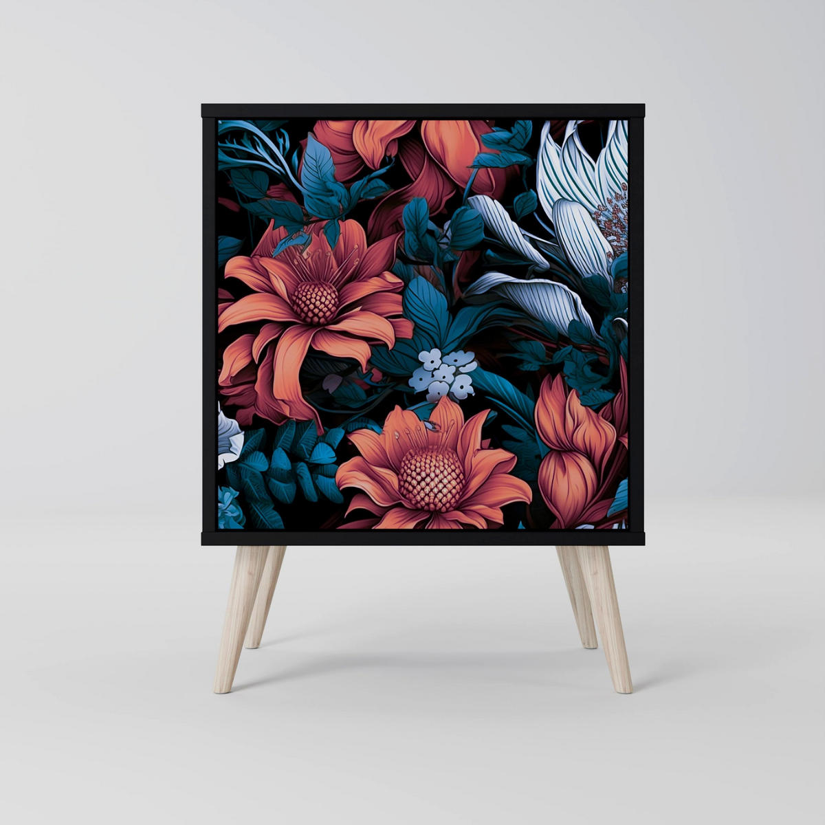 SIDEBOARD ETHEREAL BLOSSOMS, Schwarz, 57,5x42x72,5 cm, Schwarze Metallfüße - Multicolor/Schwarz, Holzwerkstoff/Metall (57.5/72.5/42cm) - SpaceRebels