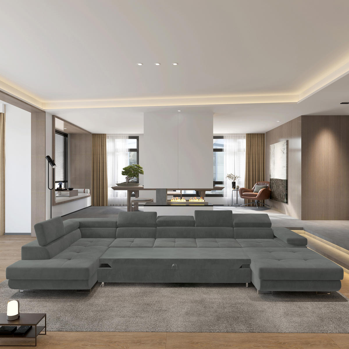 WOHNLANDSCHAFT TORIVA L-S Grau Velours-Stoff mit Schlaffunktion - Grau, Holz (418/90/202cm) - MASSENO