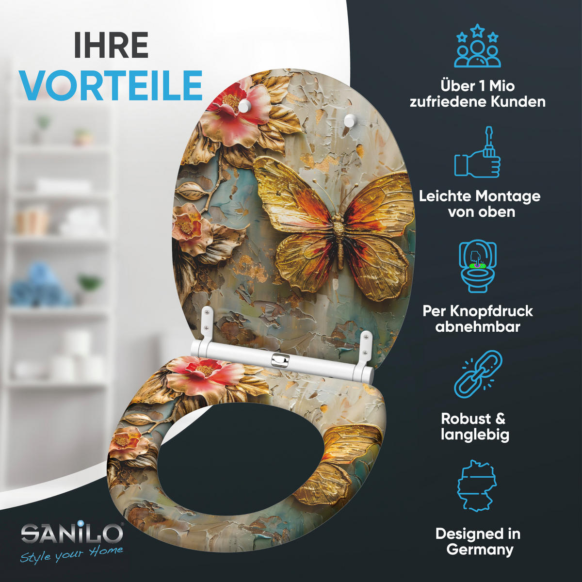 WC-SITZ mit Absenkautomatik & Top Fix Flutterby - Grau, Holzwerkstoff (37.7/5.5/48cm) - Sanilo