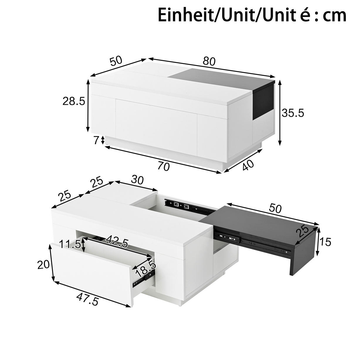 COUCHTISCH Schwarz Weiß mit LED, Auszug und Stauraum - Weiß, Metall (80/50/35cm)