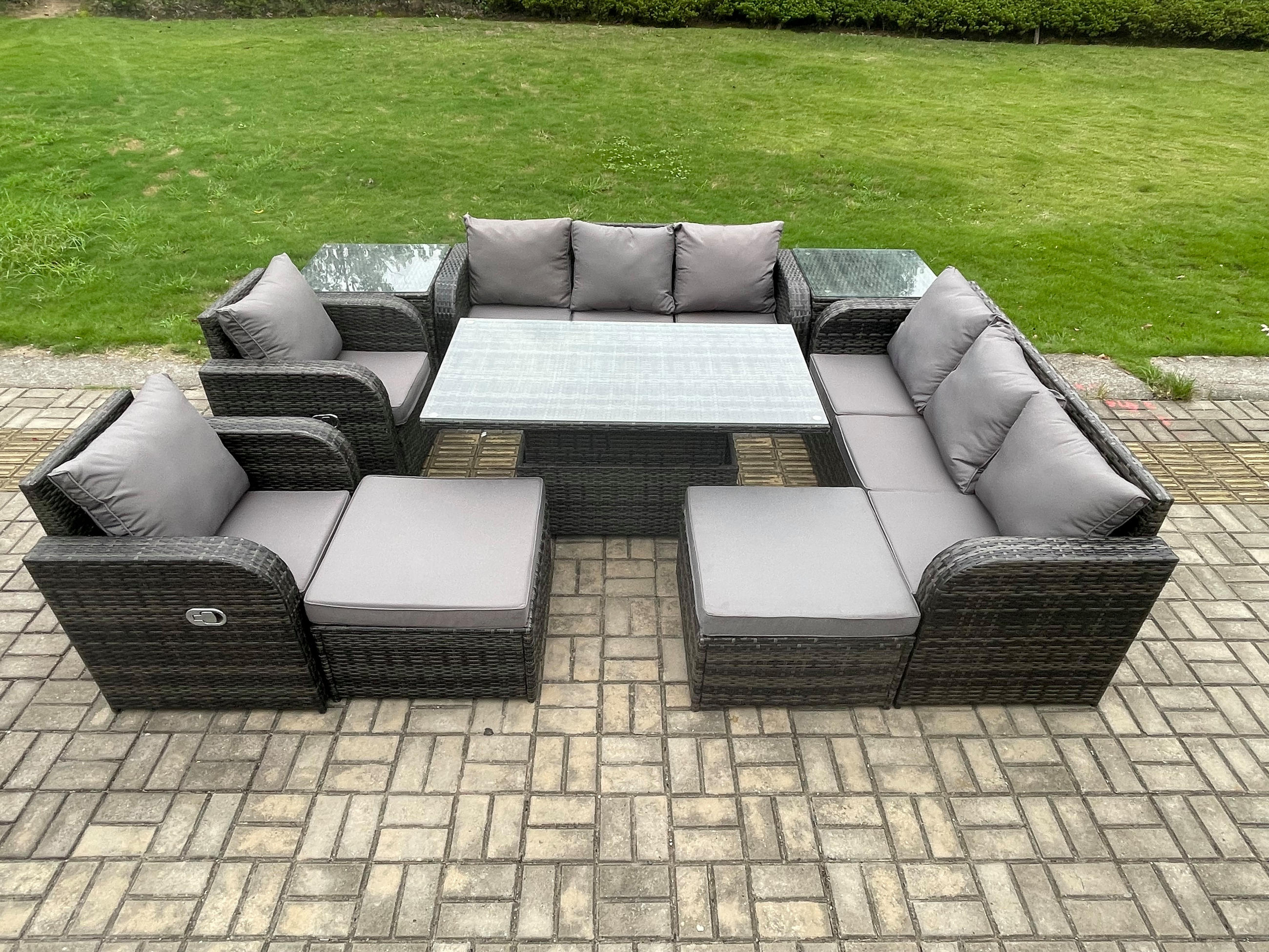 GARTENSOFA SET Polyrattan 10-Sitzer - Dunkelgrau/Grau, Glas/Kunststoff - Fimous