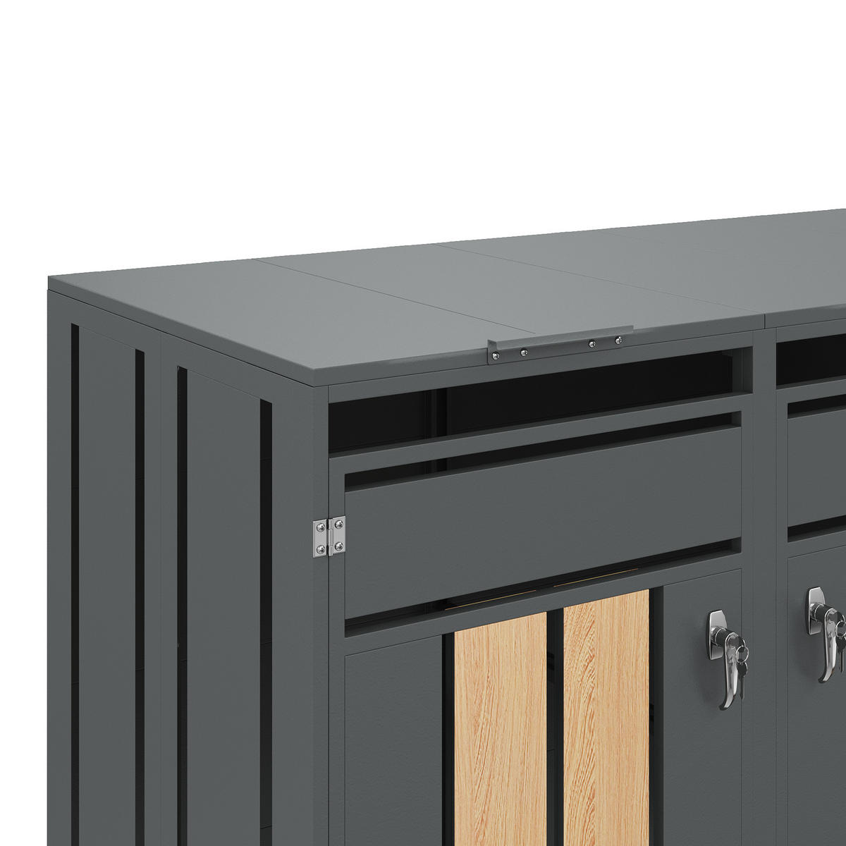 MÜLLTONNENBOX aus Stahl in Grau/Holzoptik mit hydraulischem Klappdeckel - Grau, Metall (264/118.5/80cm) - Modfu