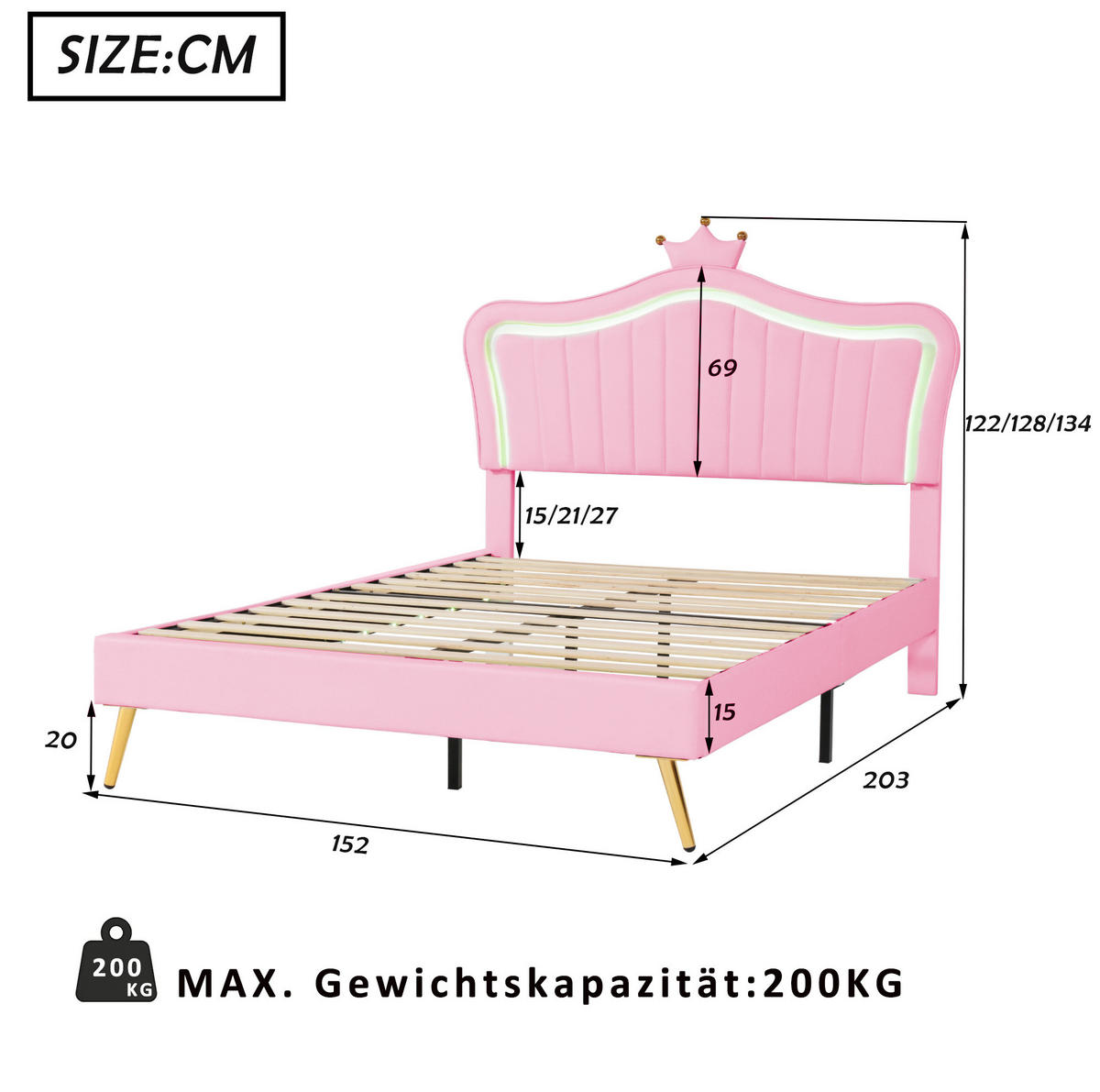 KINDERBETT aus Kunstleder 140x200 cm in Rosa mit LED-Beleuchtung - Rosa, Leder (140/200cm) - Modfu