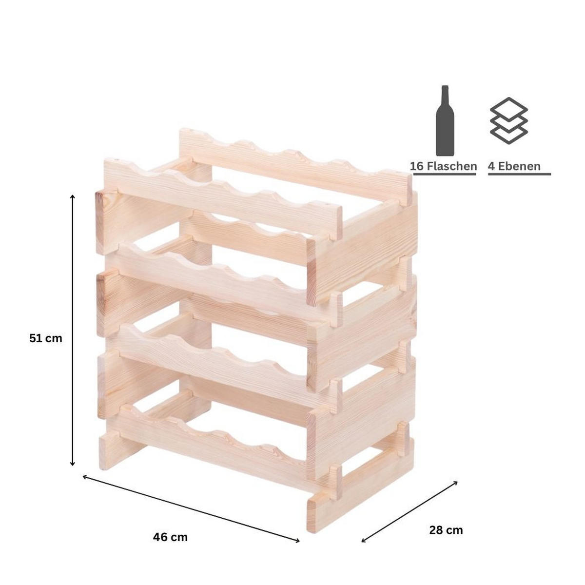 WEINREGAL VINOTECA FLEX PRO HxBxT 51x46x28cm 16 Flaschen auf 4 Ebenen Natur unbehandelt - Naturfarben, Holz (46/51/28cm) - PROREGAL