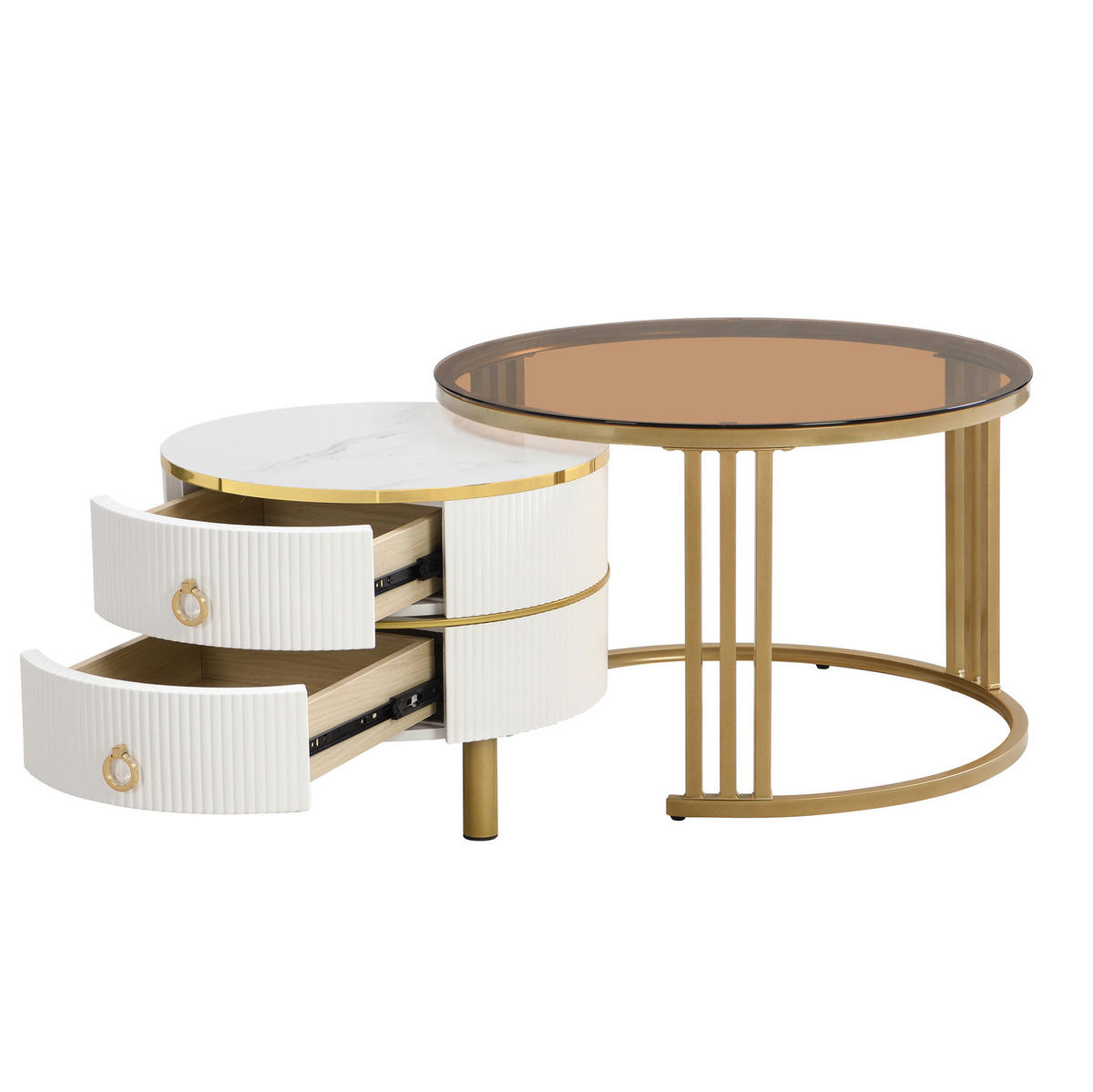 COUCHTISCH-SET 70/70/45 + 50/50/40 cm mit 2 Schubladen und Glasplatte - Weiß, Holzwerkstoff (70/70/45cm) - Flora Grace