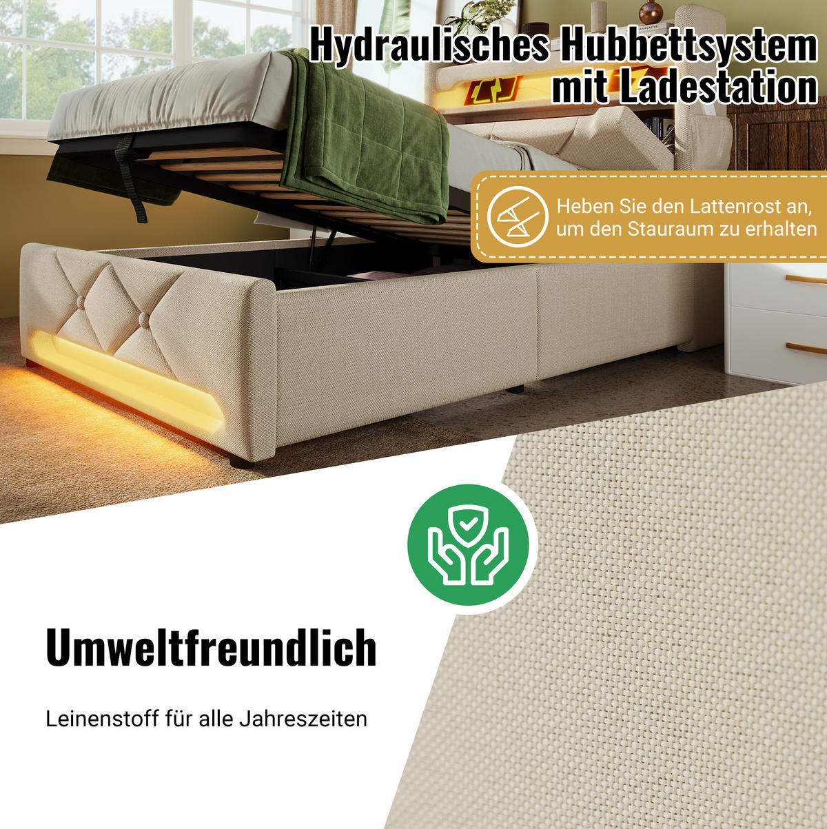 POLSTERBETT 140/200 cm Beige aus Leinen mit LED und Stauraum - Beige, Textil (140/200cm) - OKMYHOME