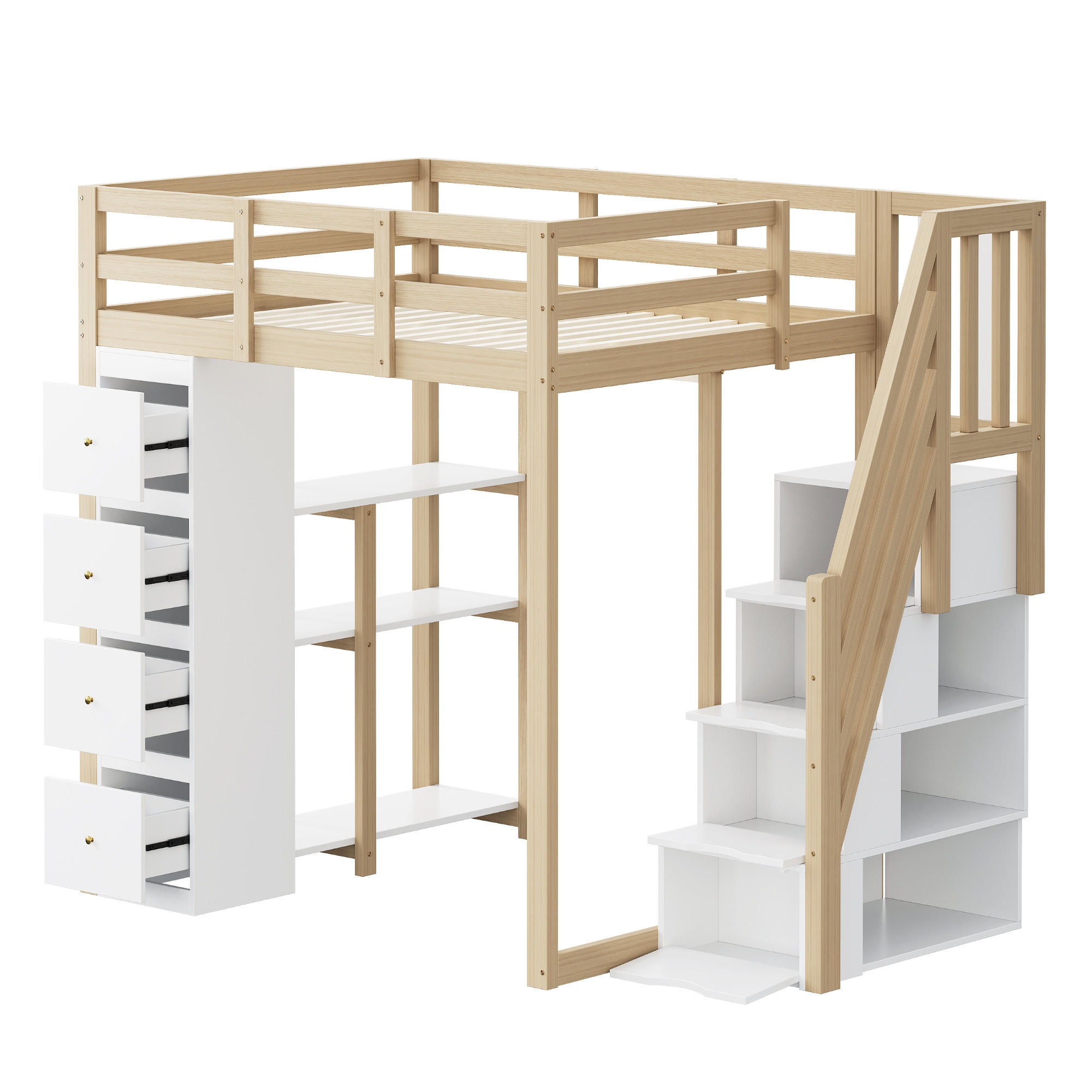 HOCHBETT 140/200 cm DE-01328, in Holzfarbe, mit 4 Schubladen, Regalen und Stauraumleiter - Naturfarben, Holz (90/200cm) - ComfortXL