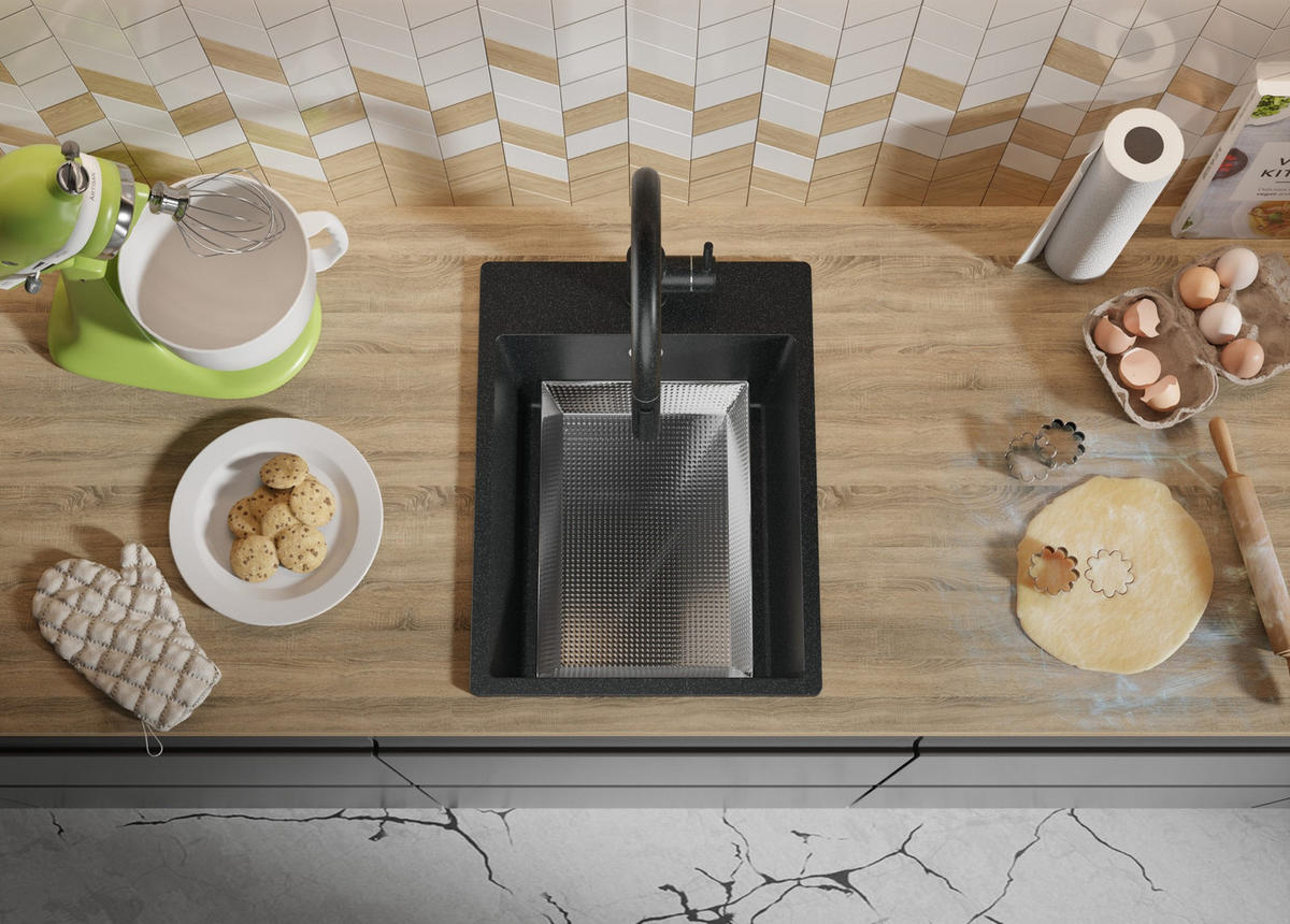 SPÜLBECKEN Riga, 2-er set Anthrazit 38/50 cm 1 Becken + Ablauf-Set ab 40er Unterschrank - Chromfarben/Anthrazit, Kunststoff (38/20/50cm) - Primagran