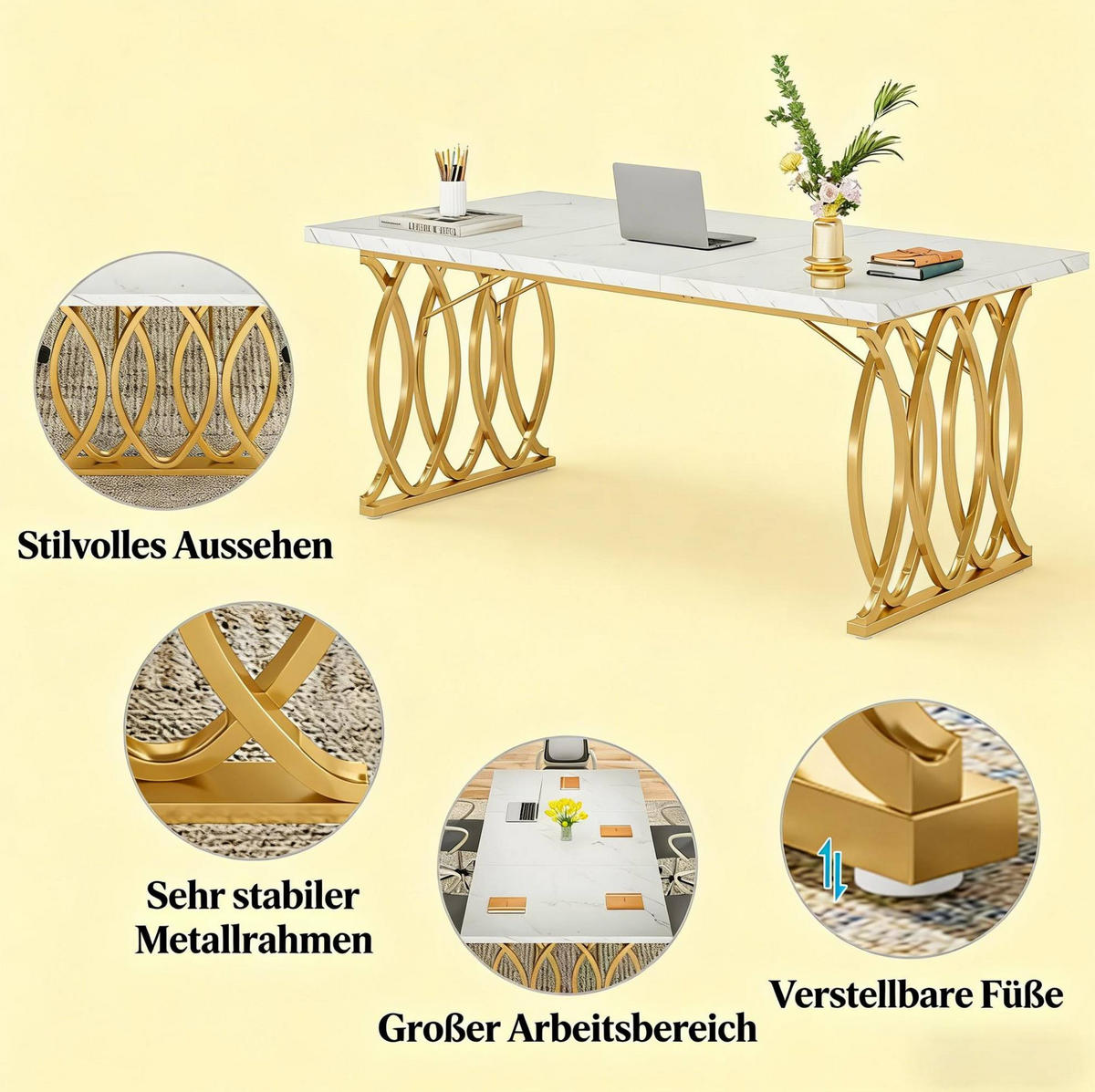 SCHREIBTISCH 160 x 80 cm Marmoroptik Weiß Gold - Weiß, Metall (160/80/75cm) - Meubliv