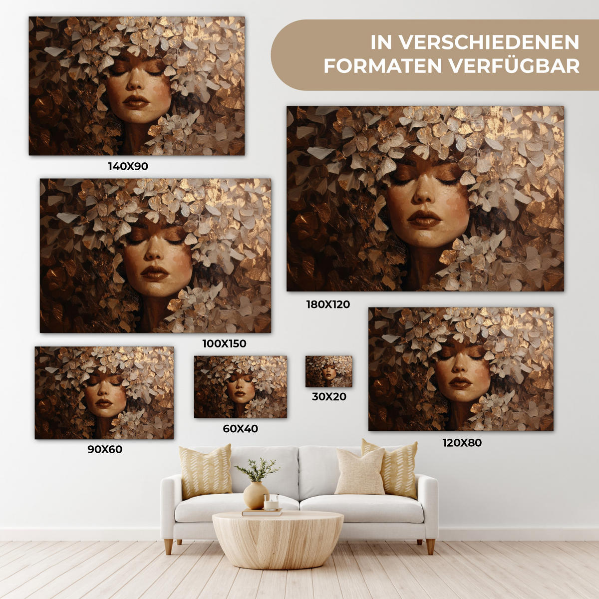 LEINWANDBILD Gesicht - Dame - Blätter - Pinselstriche XXL 150x100 cm - Goldfarben, Textil (150/100cm) - MuchoWow