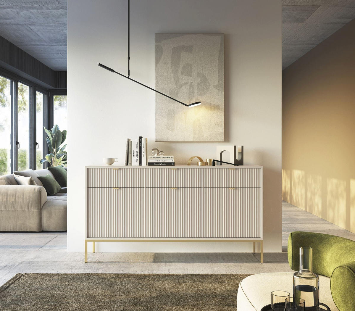 VELLORE Sideboard - Ecru/Beige, Holzwerkstoff/Metall (154/83/39cm) - Selsey