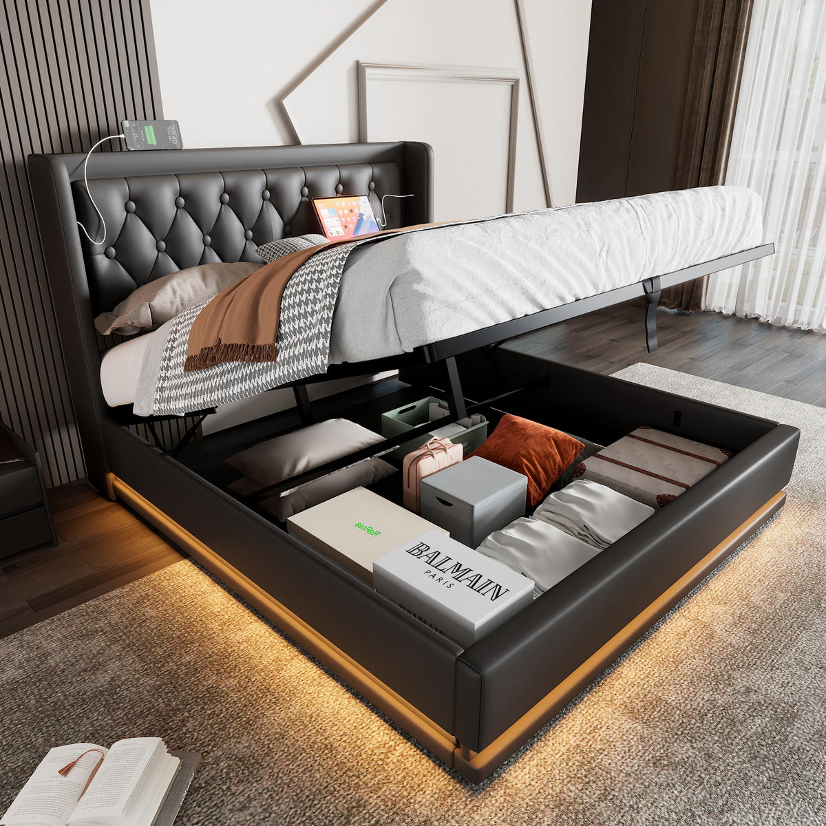 POLSTERBETT 180/200 cm Schwarz mit Stauraum mit LED-Beleuchtung und USB- und Type-C-Anschlüssen - Schwarz, Kunststoff (180/200cm) - OKWISH