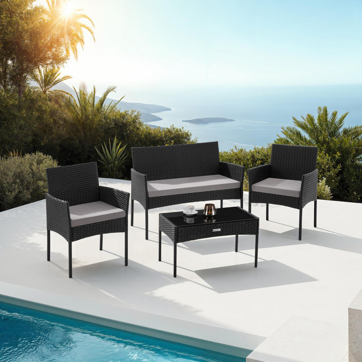 RATTAN GARTENSET Palese,Sofa 250 kg, je Sessel 120 kg,schwarz - Schwarz, Kunststoff - tectake