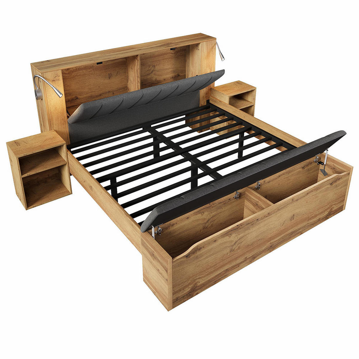 DOPPELBETT 160x200 cm in Eichenoptik mit zwei Nachttische, Mit Matratze - Eichefarben, Holz (160/200cm)