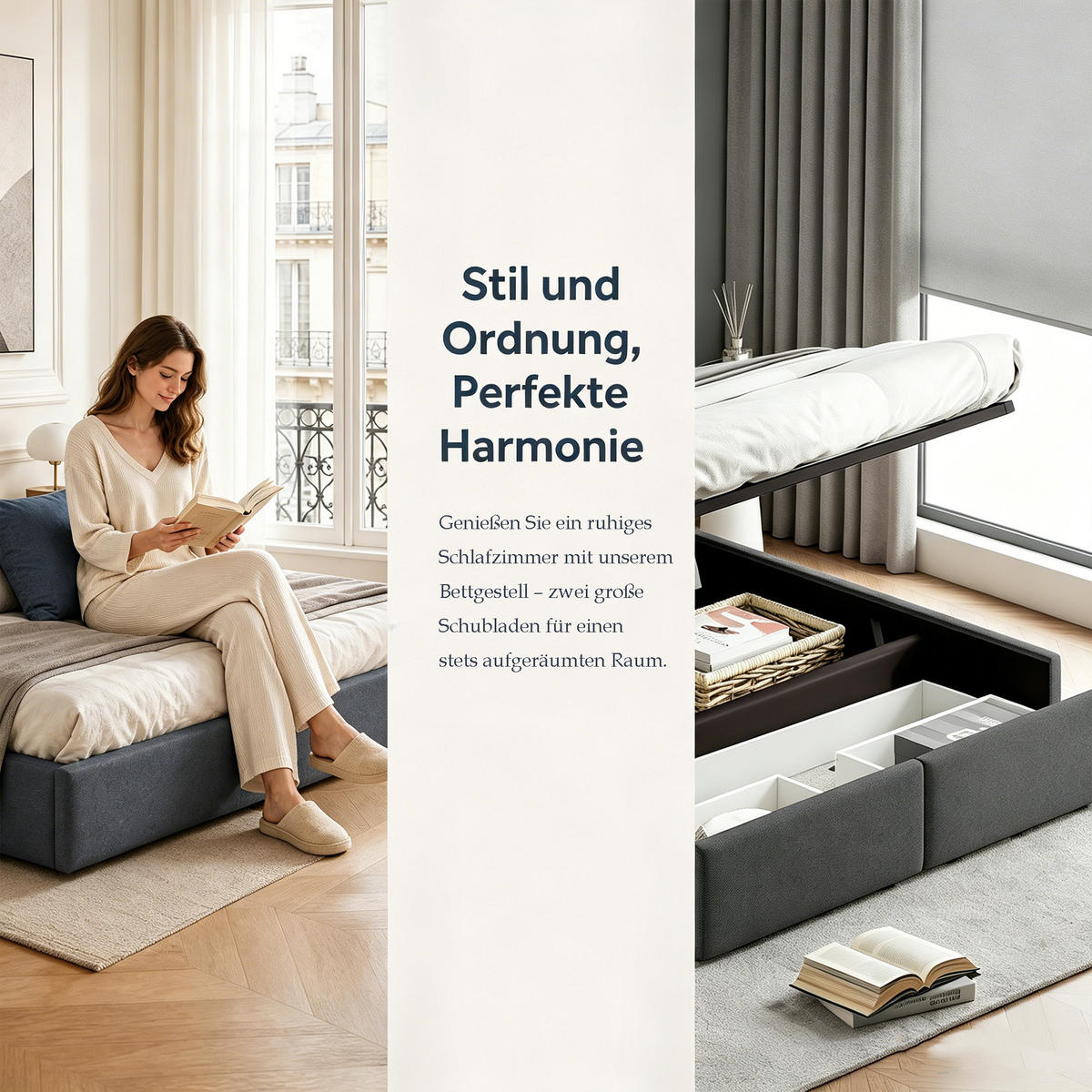 POLSTERBETT 140x200 mit stauraum, bettgestell mit 2 Schublade, Bettkasten, Lattenrost, ohne Kopfteil, Leinenstoff, grau - Dunkelgrau, Holz/Textil (140/200cm) - GENKI LIVING